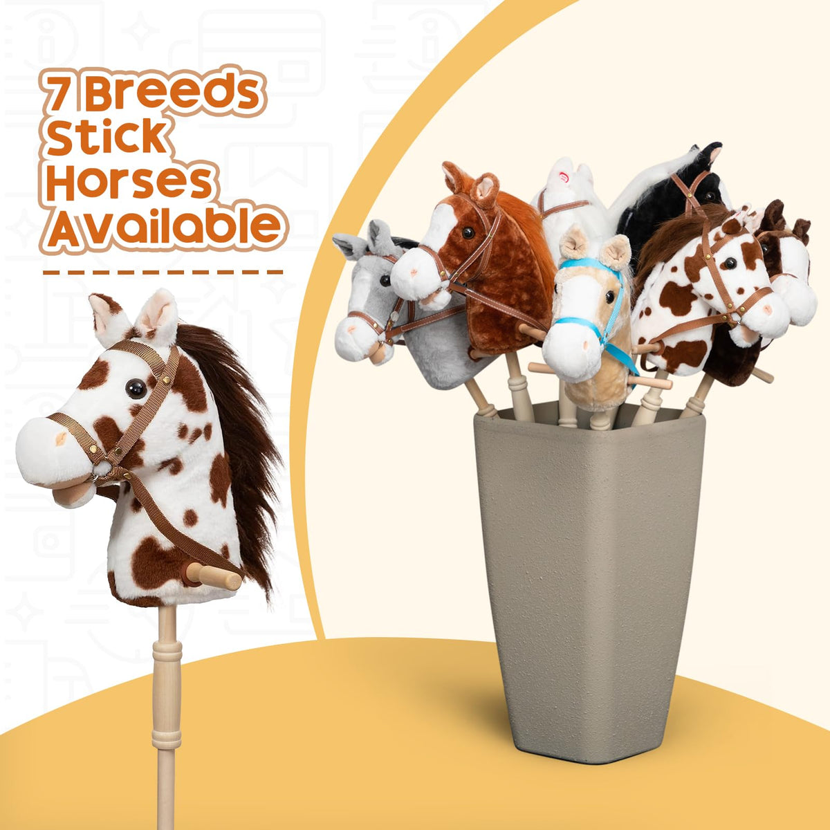 HollyHOME Stick Horse Plush — 36-Inch Hobby Horse with Wood Wheels and Neighing Sounds