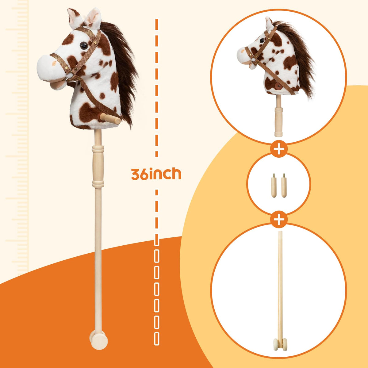 HollyHOME Stick Horse Plush — 36-Inch Hobby Horse with Wood Wheels and Neighing Sounds