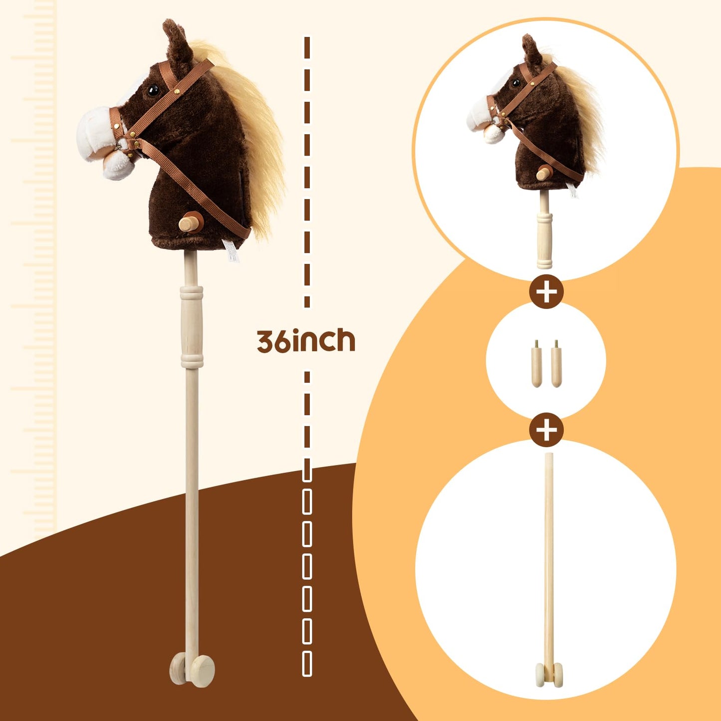 HollyHOME Stick Horse Plush — Chocolate 36-Inch Handcrafted Hobby Horse with Wood Wheels & Real Pony Sounds