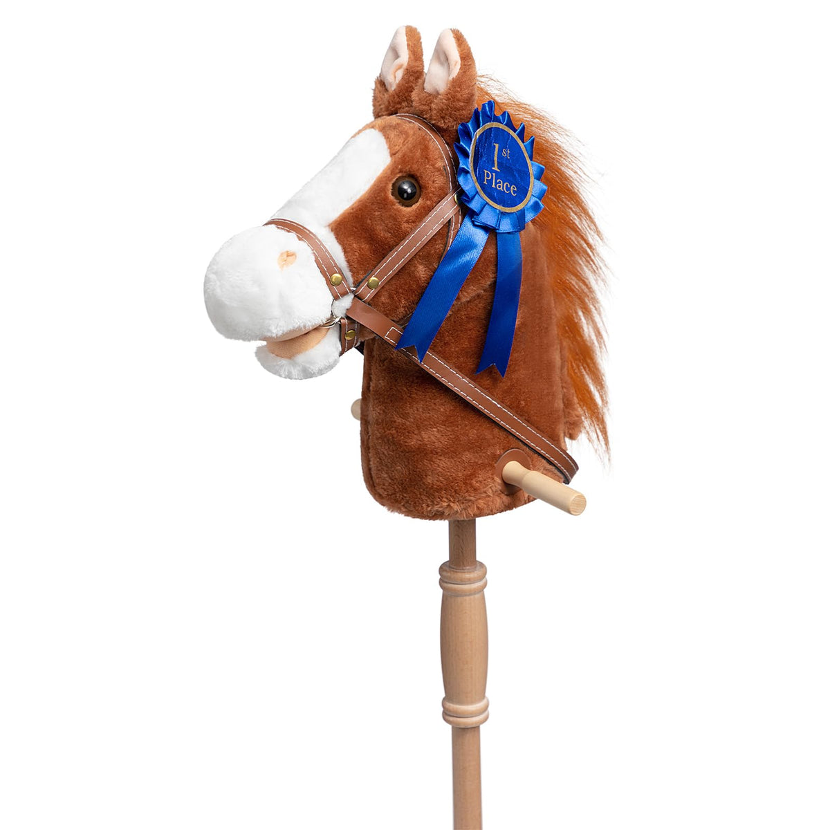 HollyHOME Stick Horse Plush with Detachable Blue Ribbon – 36-Inch Wooden-Wheeled Hobby Horse with Realistic Neighing Sounds