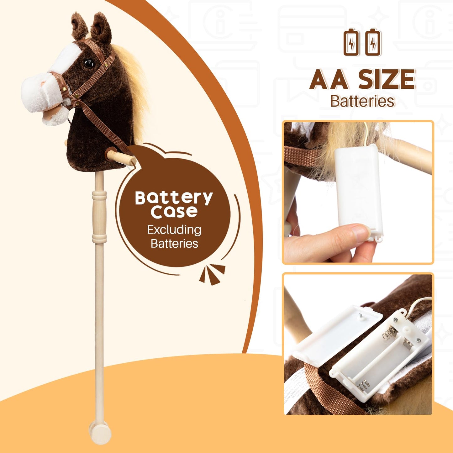 HollyHOME Stick Horse Plush — Chocolate 36-Inch Handcrafted Hobby Horse with Wood Wheels & Real Pony Sounds