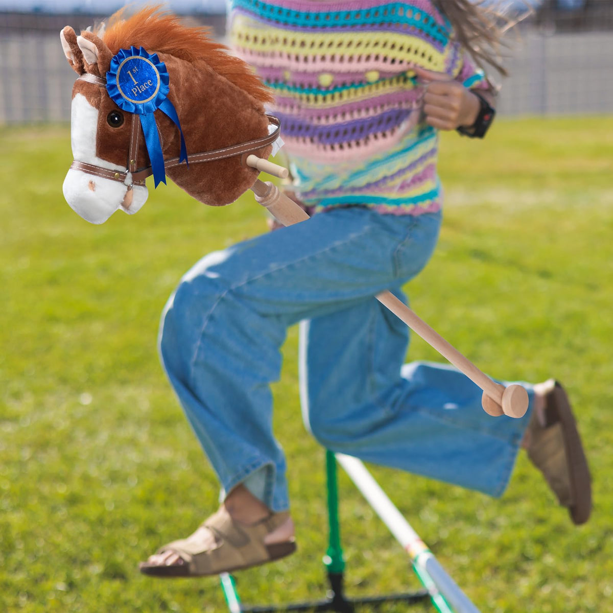 HollyHOME Stick Horse Plush with Detachable Blue Ribbon – 36-Inch Wooden-Wheeled Hobby Horse with Realistic Neighing Sounds