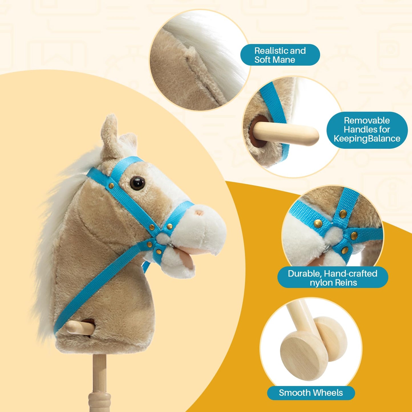 HollyHOME 36-Inch Stick Horse Plush on Wood Wheels with Real Pony Neighing and Galloping Sounds