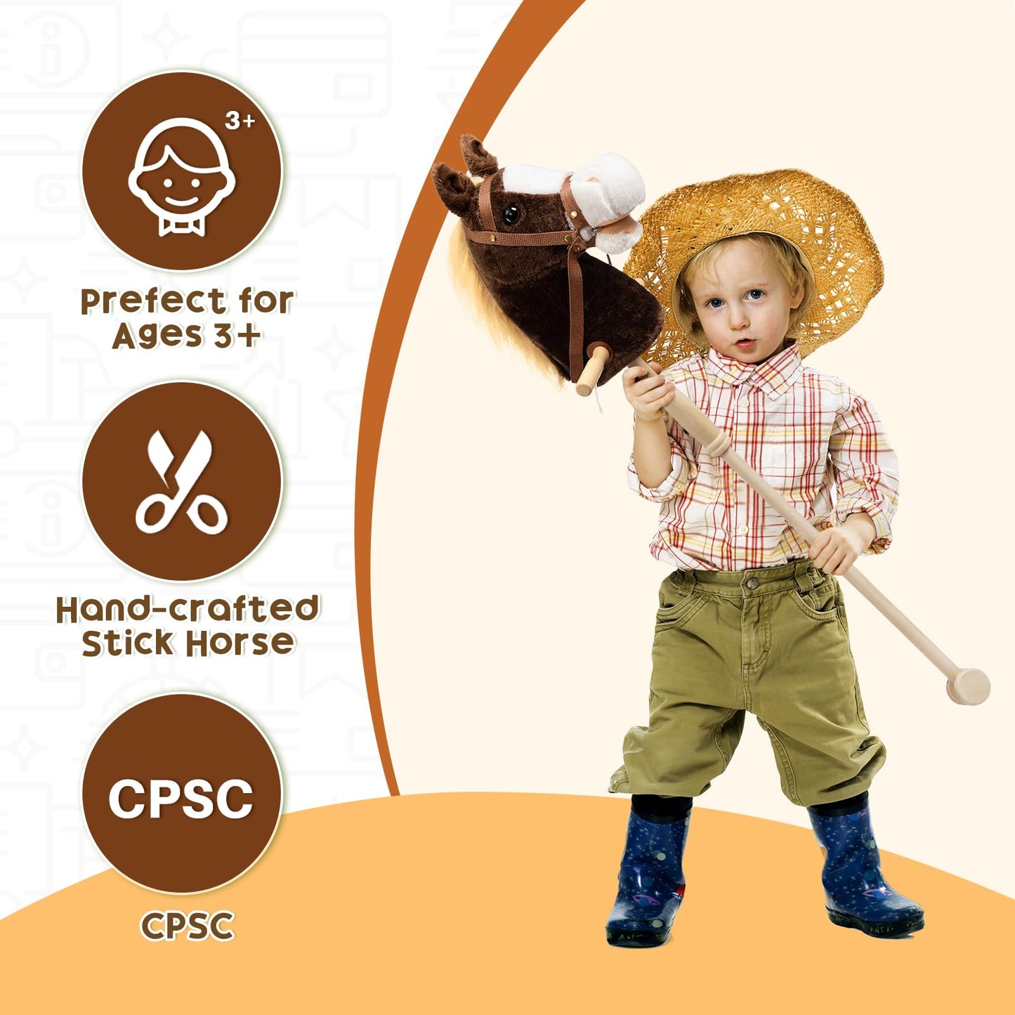 HollyHOME Stick Horse Plush — Chocolate 36-Inch Handcrafted Hobby Horse with Wood Wheels & Real Pony Sounds