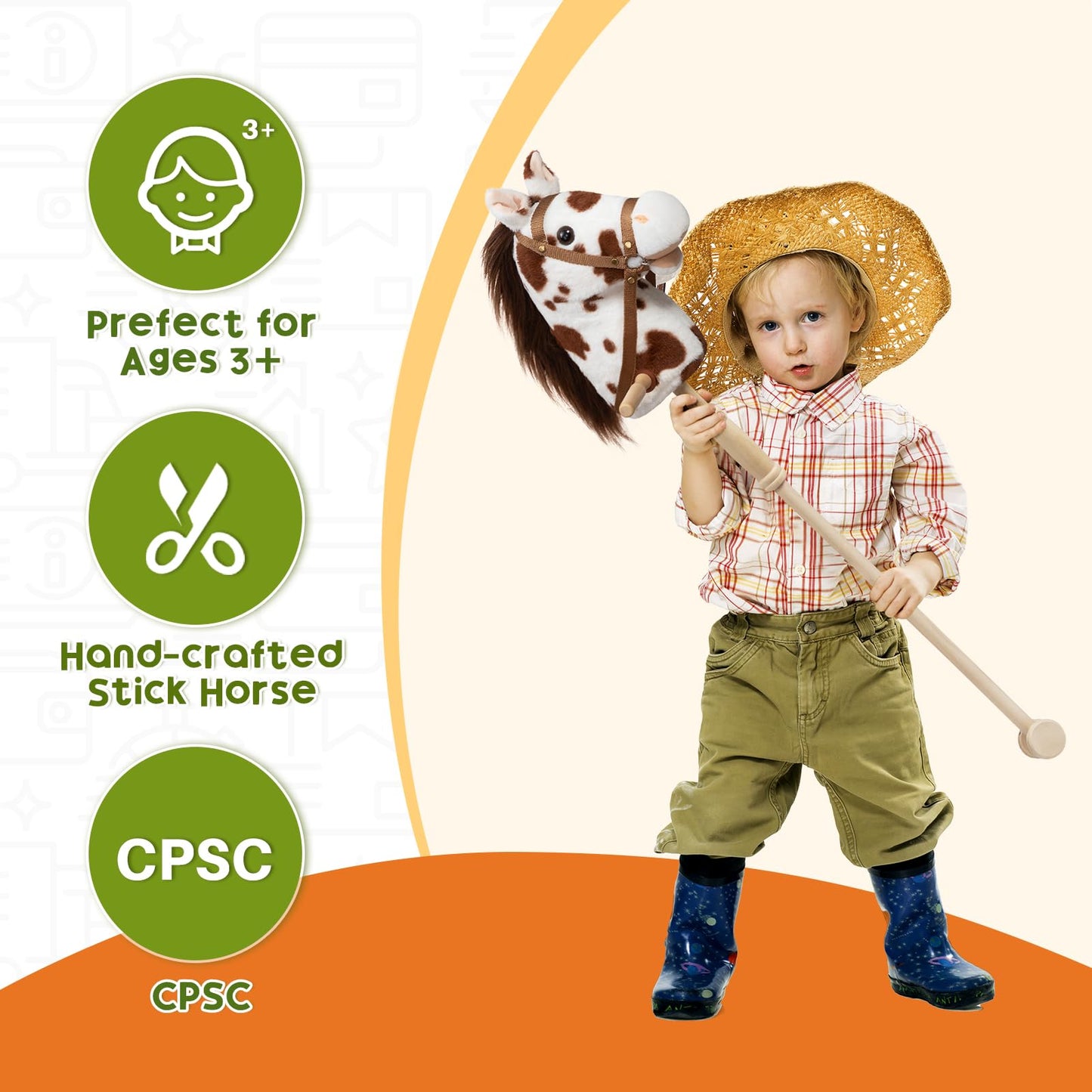 HollyHOME Stick Horse Plush — 36-Inch Hobby Horse with Wood Wheels and Neighing Sounds