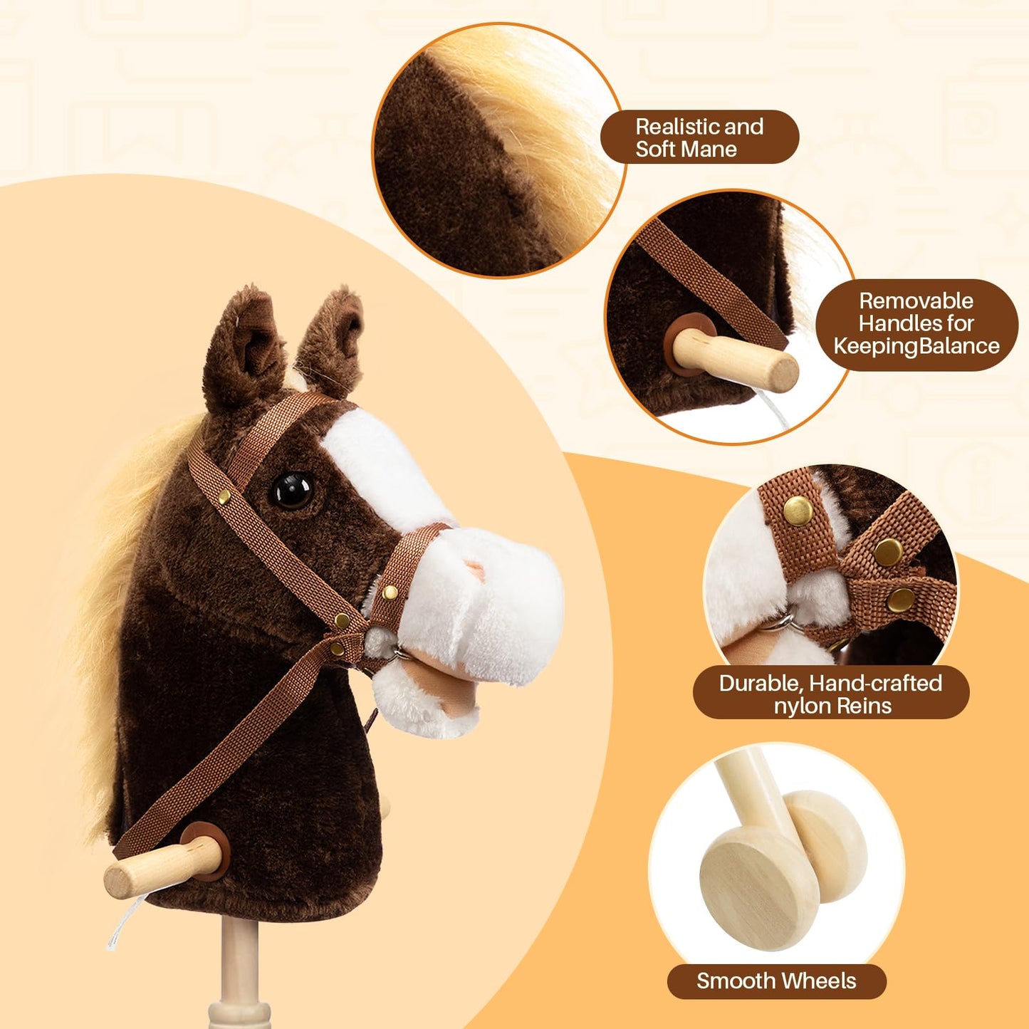 HollyHOME Stick Horse Plush — Chocolate 36-Inch Handcrafted Hobby Horse with Wood Wheels & Real Pony Sounds