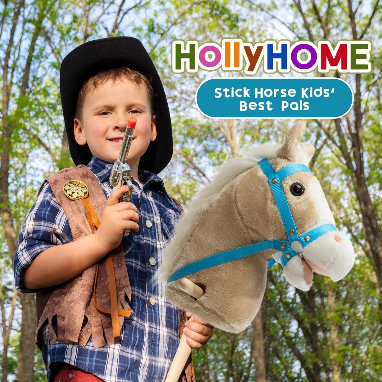 HollyHOME 36-Inch Stick Horse Plush on Wood Wheels with Real Pony Neighing and Galloping Sounds