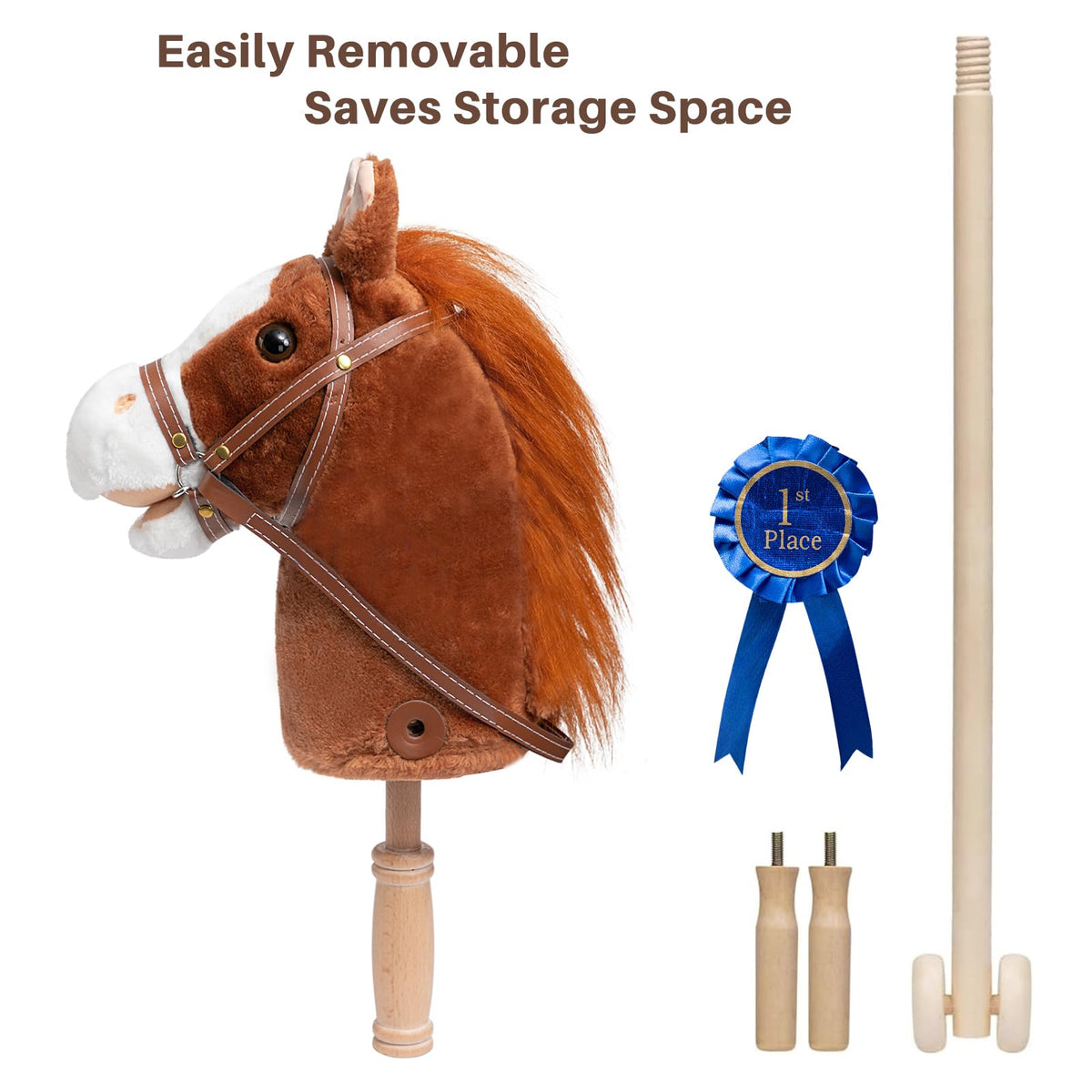 HollyHOME Stick Horse Plush with Detachable Blue Ribbon – 36-Inch Wooden-Wheeled Hobby Horse with Realistic Neighing Sounds