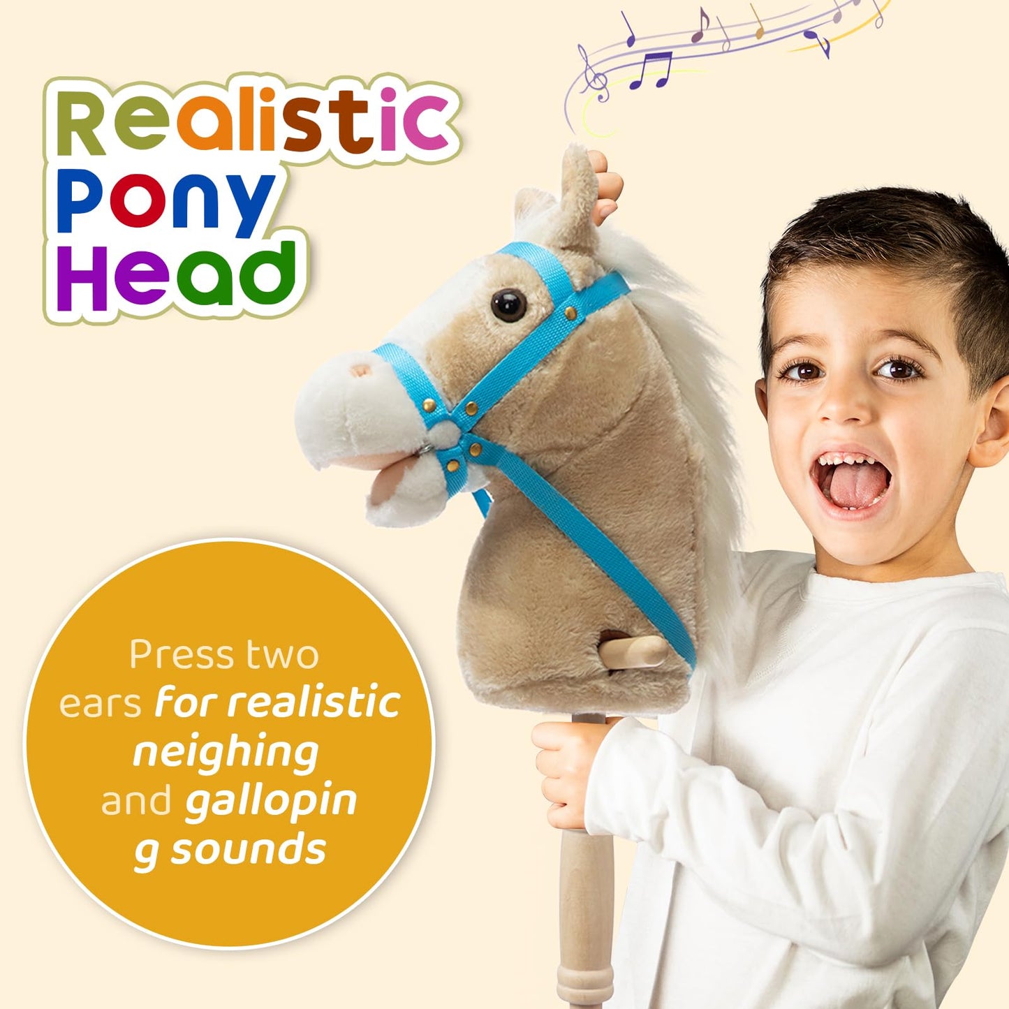 HollyHOME 36-Inch Stick Horse Plush on Wood Wheels with Real Pony Neighing and Galloping Sounds