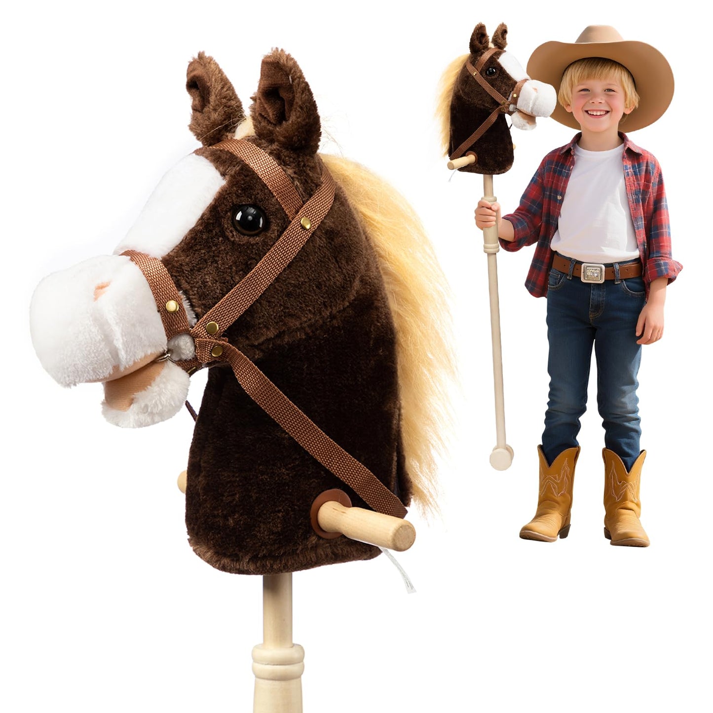 HollyHOME Stick Horse Plush — Chocolate 36-Inch Handcrafted Hobby Horse with Wood Wheels & Real Pony Sounds