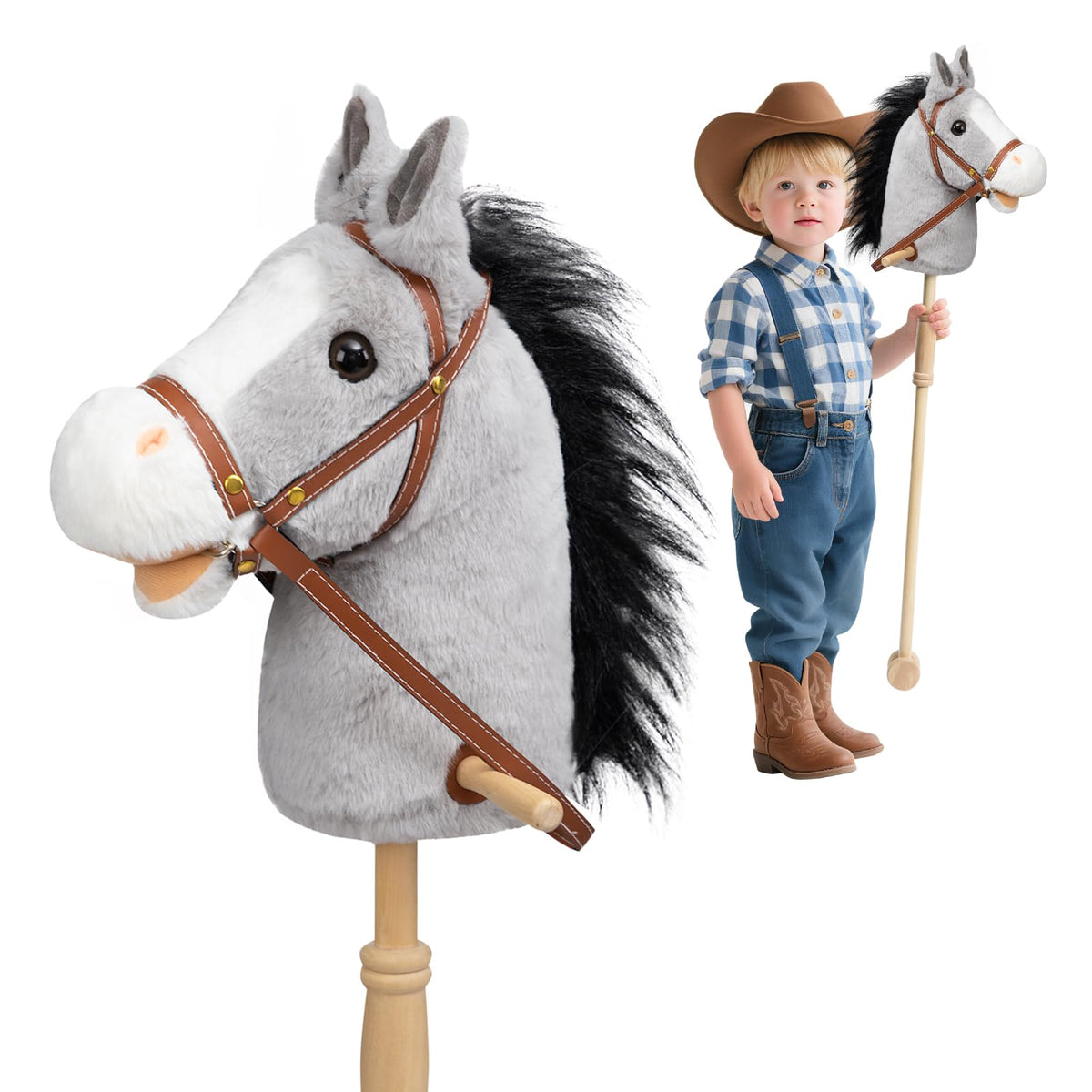 HollyHOME Stick Horse Plush with Wood Wheels | 36-Inch Kids Hobby Horse with Realistic Sounds