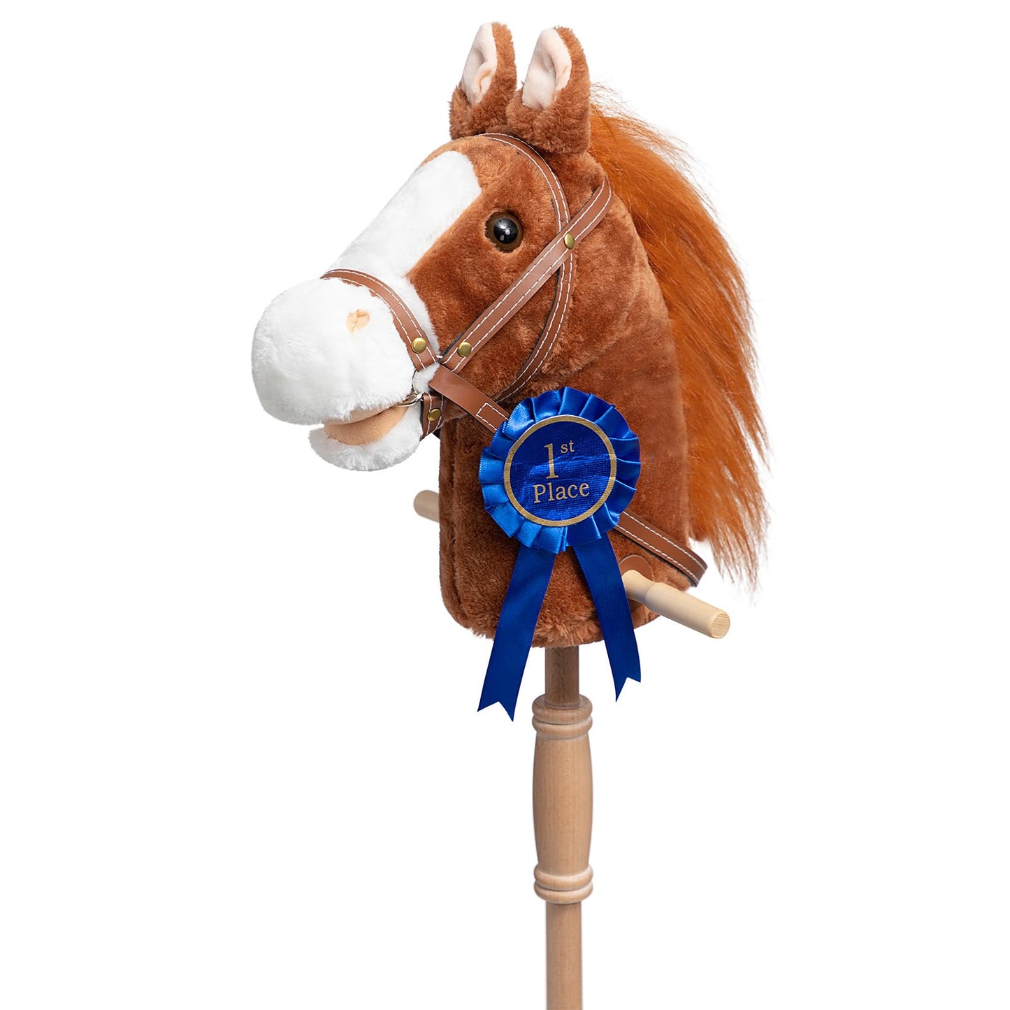 HollyHOME Stick Horse Plush with Detachable Blue Ribbon – 36-Inch Wooden-Wheeled Hobby Horse with Realistic Neighing Sounds