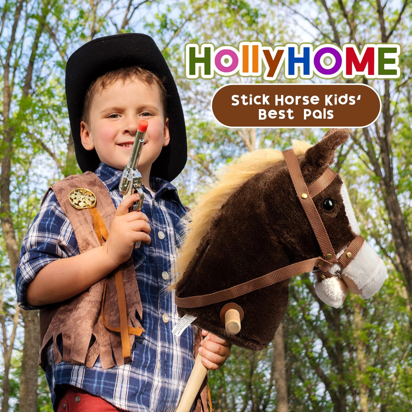 HollyHOME Stick Horse Plush — Chocolate 36-Inch Handcrafted Hobby Horse with Wood Wheels & Real Pony Sounds