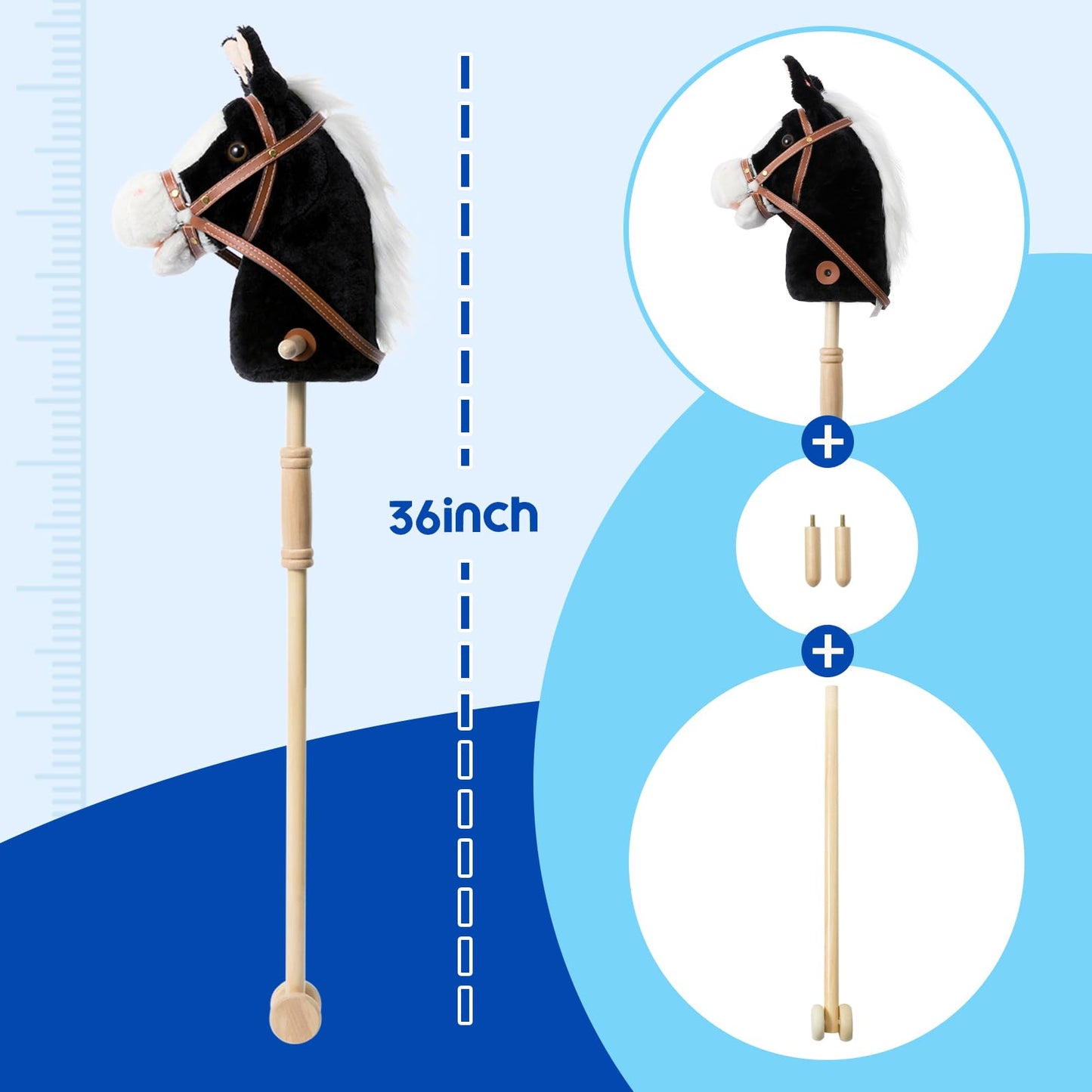 HollyHOME Stick Horse Plush – Handcrafted Hobby Horse on a Stick with Wood Wheels, Real Pony Neighing & Galloping Sounds, 36 Inches
