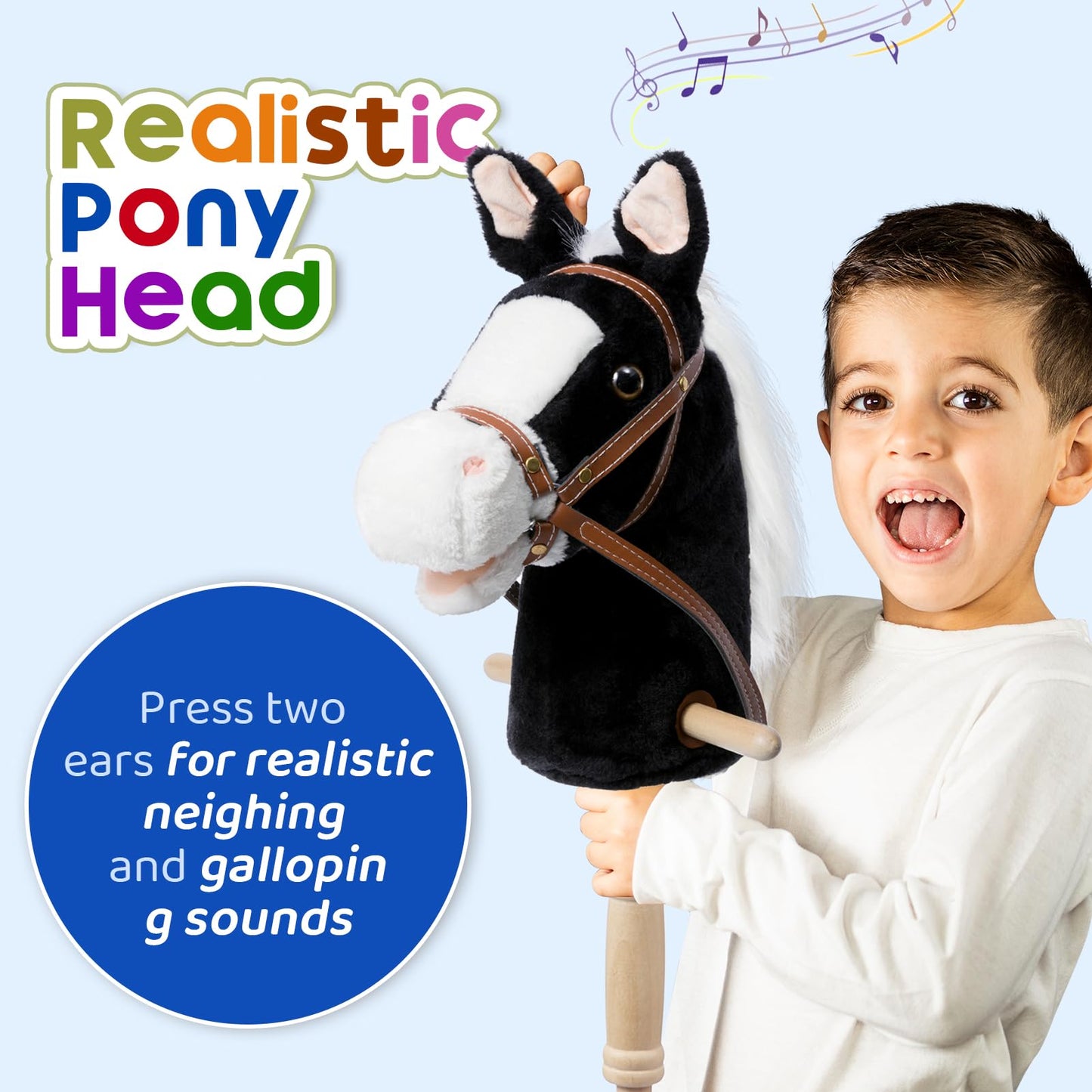 HollyHOME Stick Horse Plush – Handcrafted Hobby Horse on a Stick with Wood Wheels, Real Pony Neighing & Galloping Sounds, 36 Inches