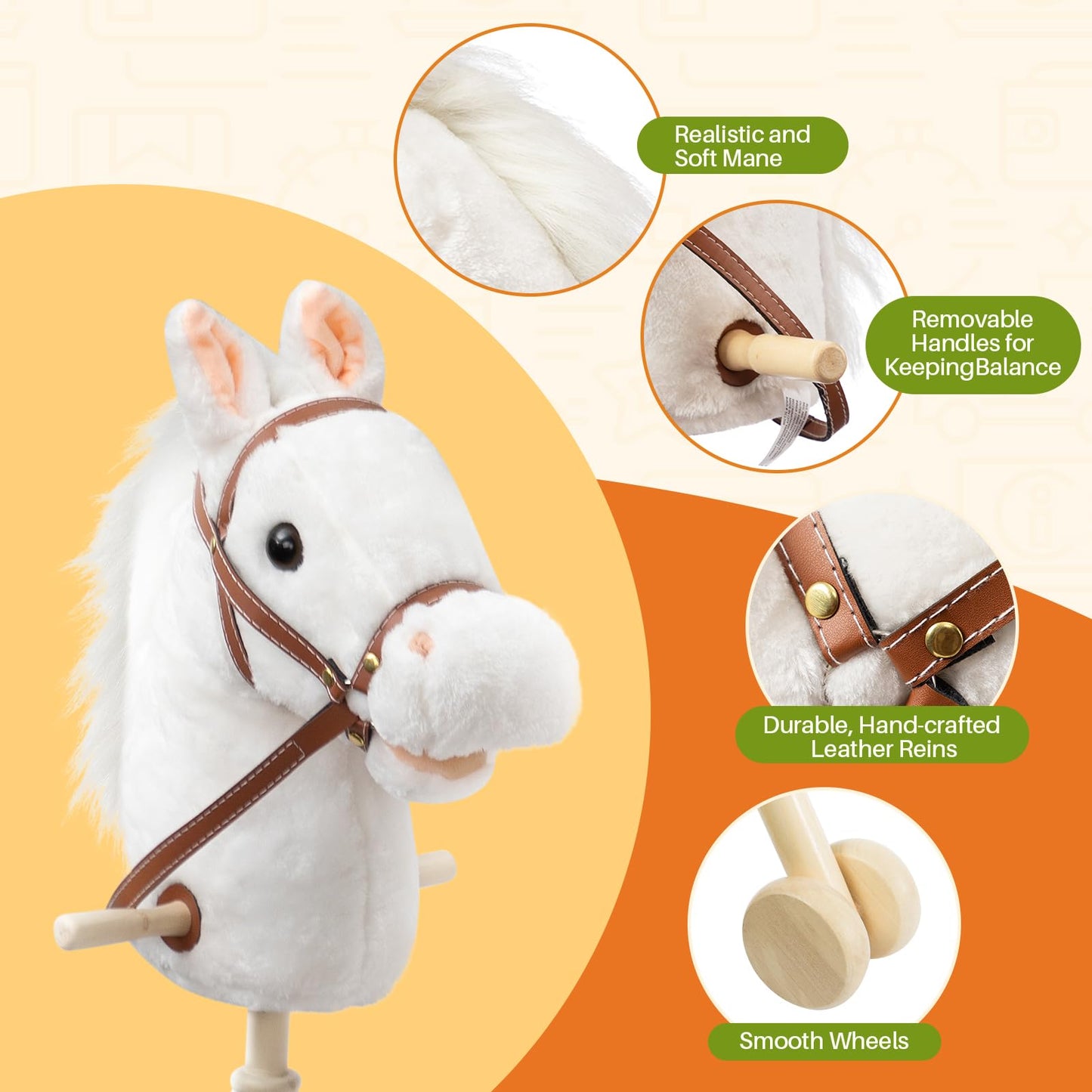 HollyHOME Stick Horse Plush – 36-Inch Handcrafted Hobby Horse with Wood Wheels & Realistic Sounds