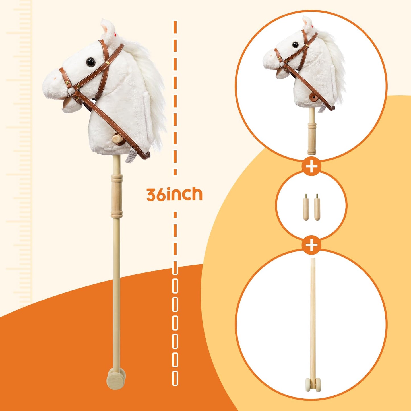 HollyHOME Stick Horse Plush – 36-Inch Handcrafted Hobby Horse with Wood Wheels & Realistic Sounds