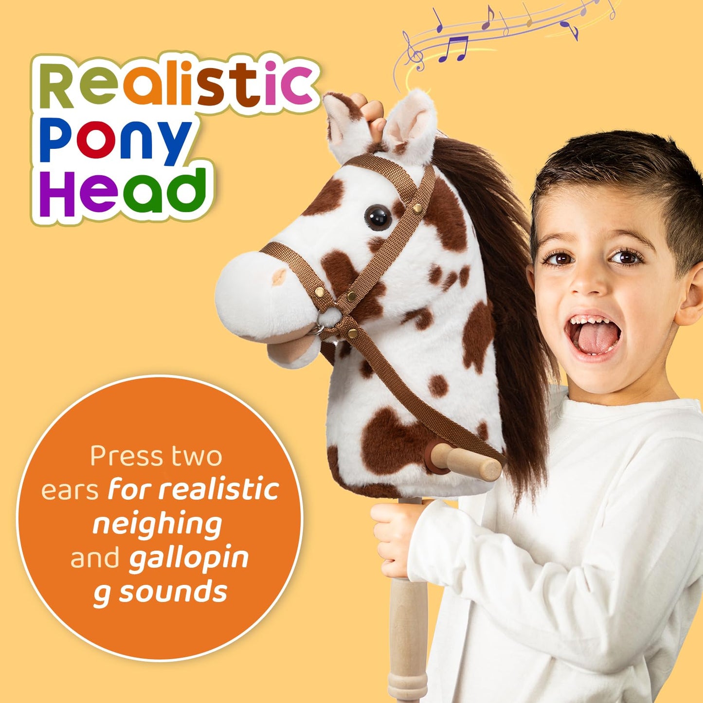 HollyHOME Stick Horse Plush — 36-Inch Hobby Horse with Wood Wheels and Neighing Sounds