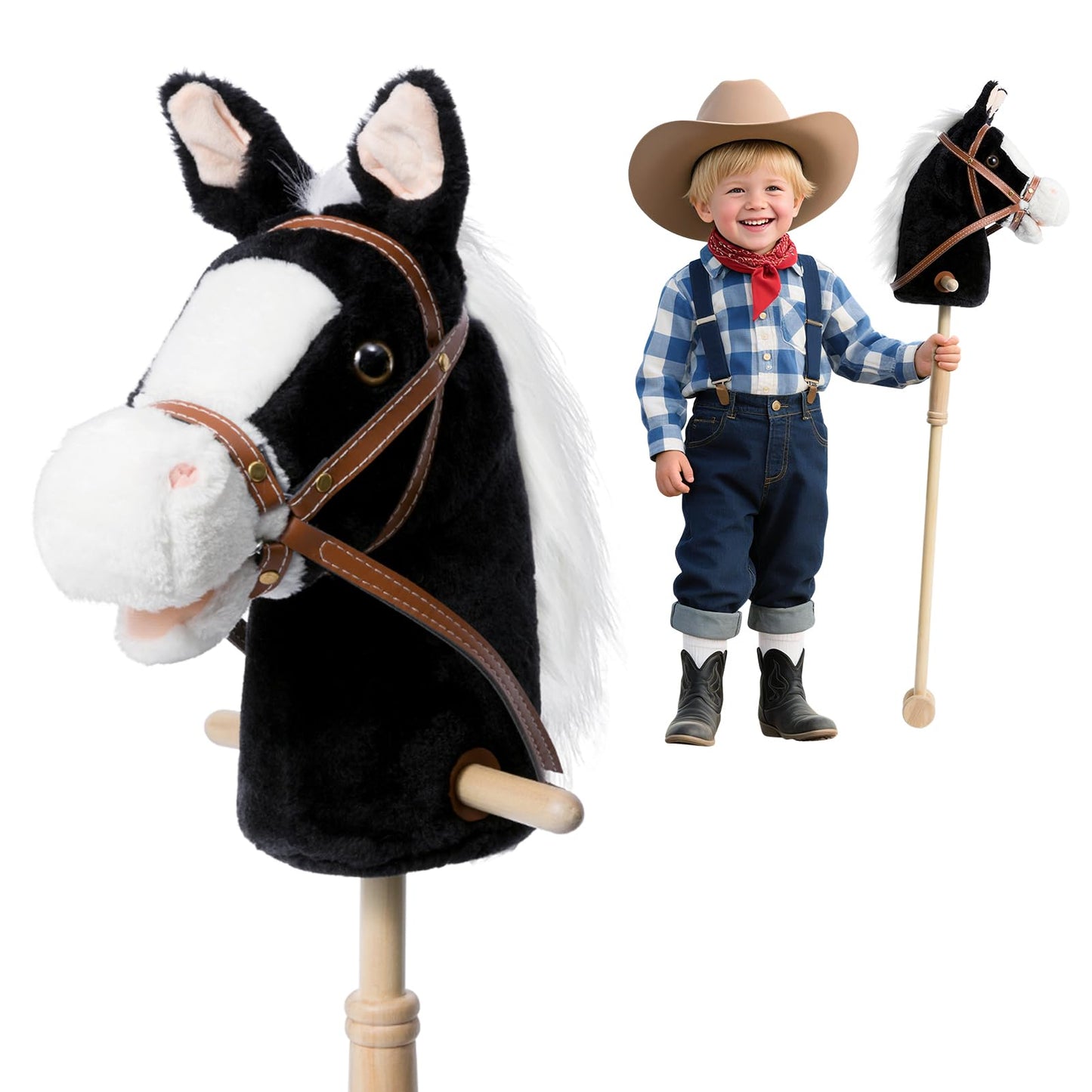 HollyHOME Stick Horse Plush – Handcrafted Hobby Horse on a Stick with Wood Wheels, Real Pony Neighing & Galloping Sounds, 36 Inches