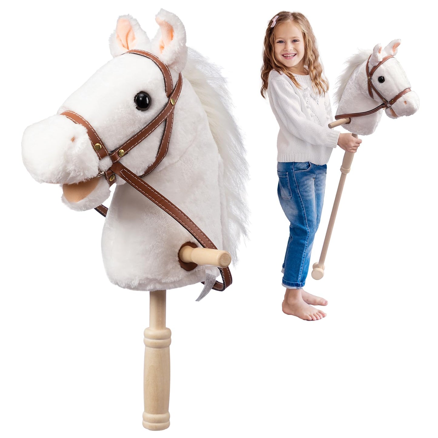 HollyHOME Stick Horse Plush – 36-Inch Handcrafted Hobby Horse with Wood Wheels & Realistic Sounds