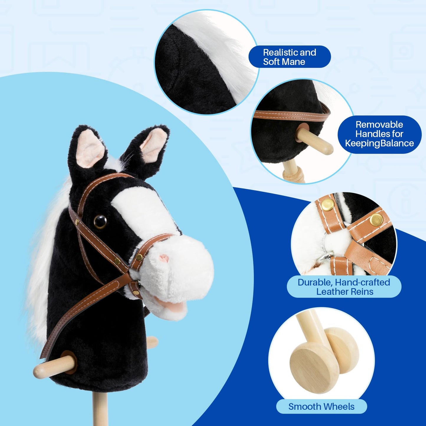 HollyHOME Stick Horse Plush – Handcrafted Hobby Horse on a Stick with Wood Wheels, Real Pony Neighing & Galloping Sounds, 36 Inches
