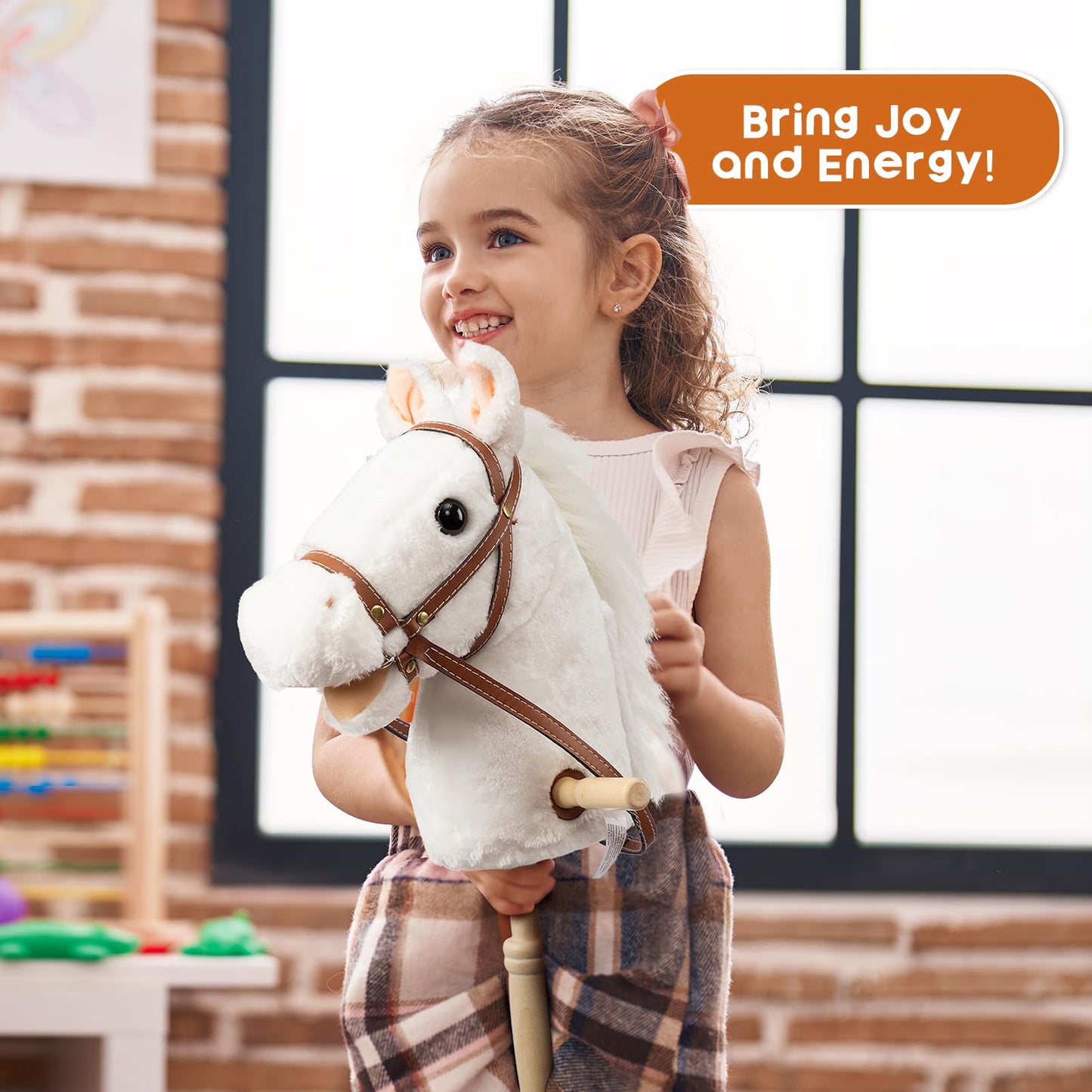 HollyHOME Stick Horse Plush – 36-Inch Handcrafted Hobby Horse with Wood Wheels & Realistic Sounds