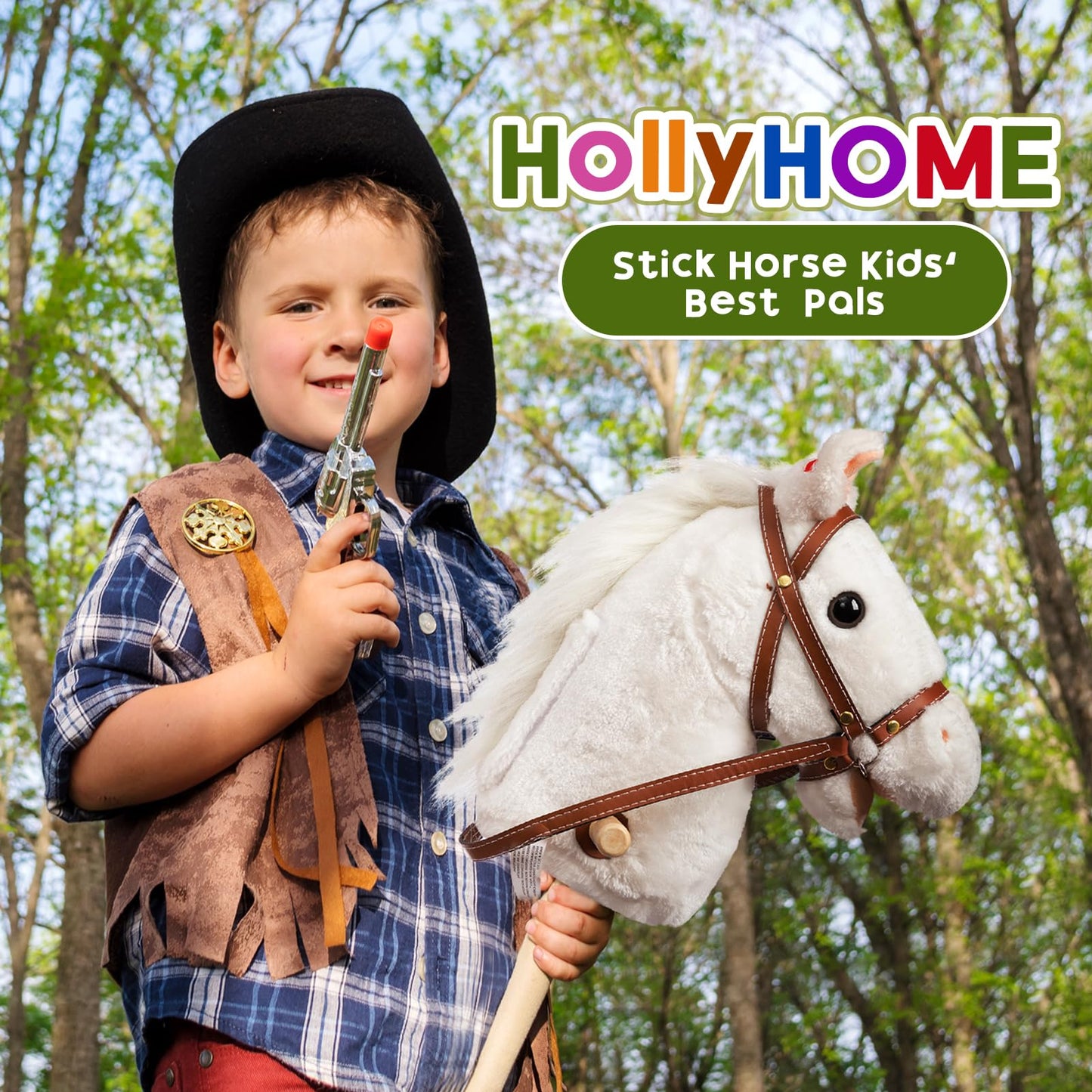 HollyHOME Stick Horse Plush – 36-Inch Handcrafted Hobby Horse with Wood Wheels & Realistic Sounds