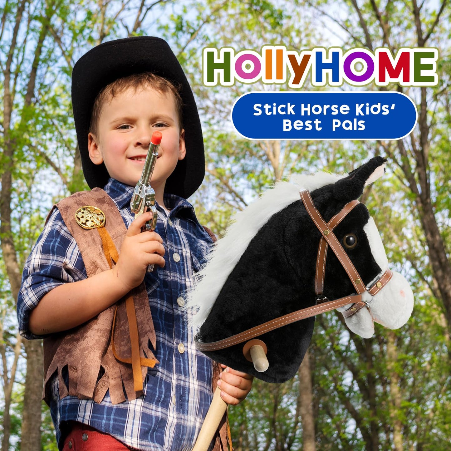 HollyHOME Stick Horse Plush – Handcrafted Hobby Horse on a Stick with Wood Wheels, Real Pony Neighing & Galloping Sounds, 36 Inches