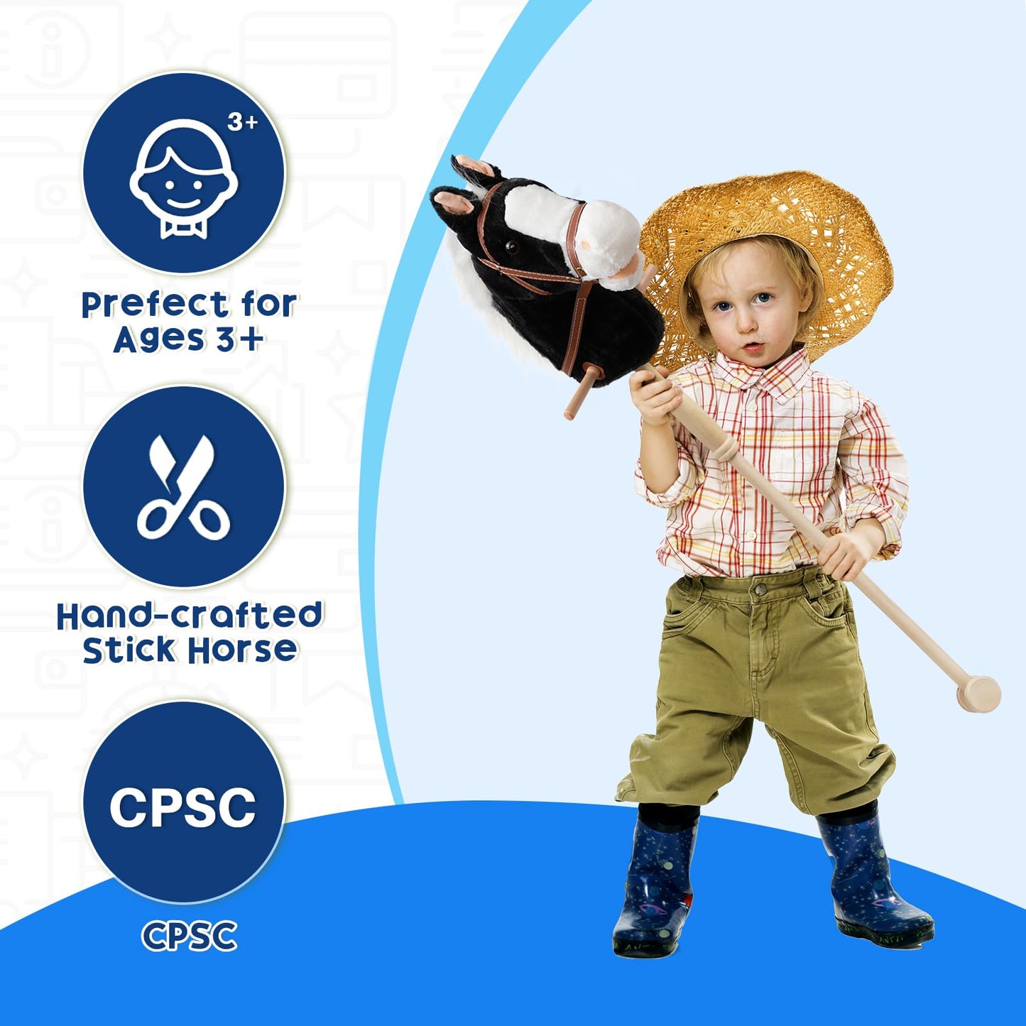 HollyHOME Stick Horse Plush – Handcrafted Hobby Horse on a Stick with Wood Wheels, Real Pony Neighing & Galloping Sounds, 36 Inches