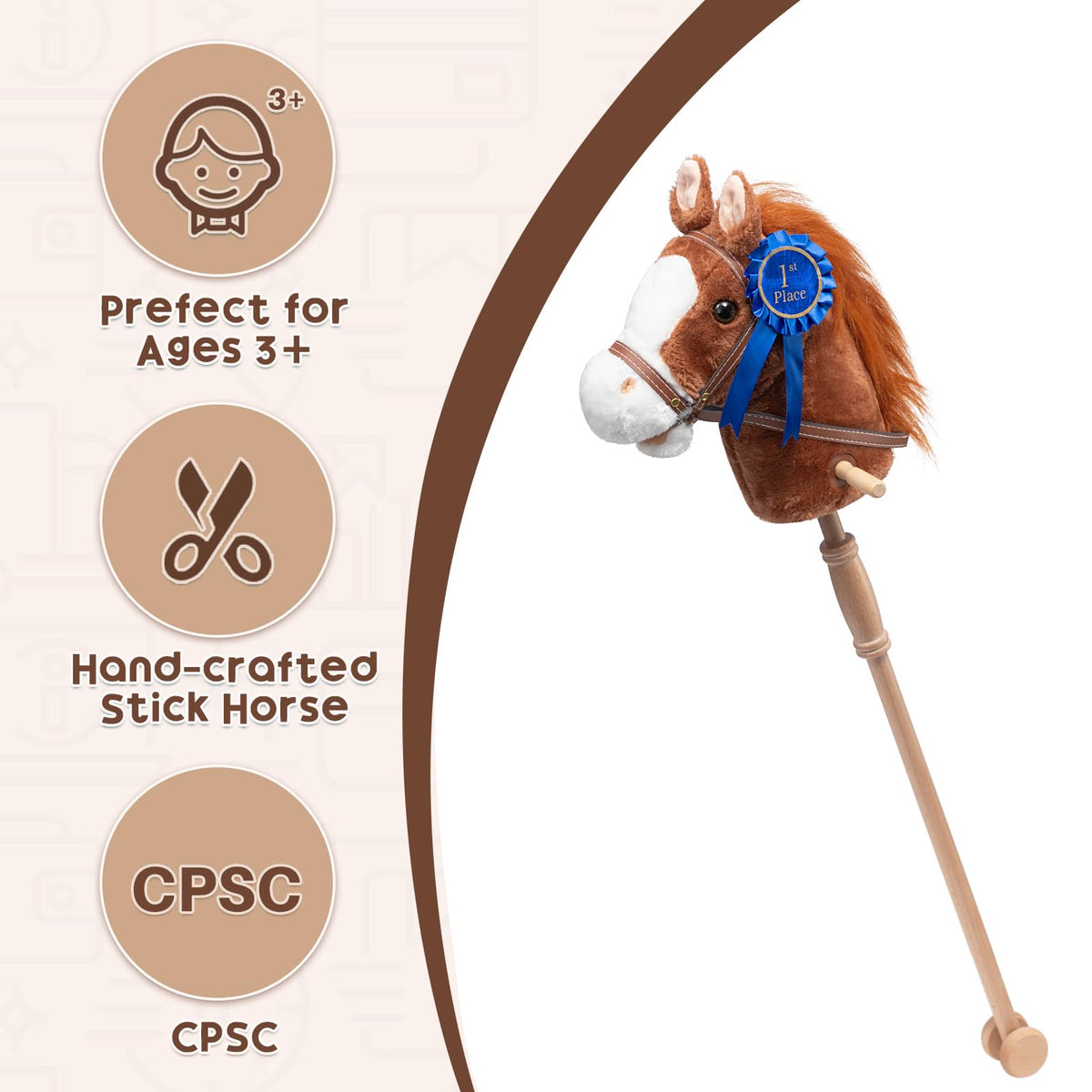 HollyHOME Stick Horse Plush with Detachable Blue Ribbon – 36-Inch Wooden-Wheeled Hobby Horse with Realistic Neighing Sounds
