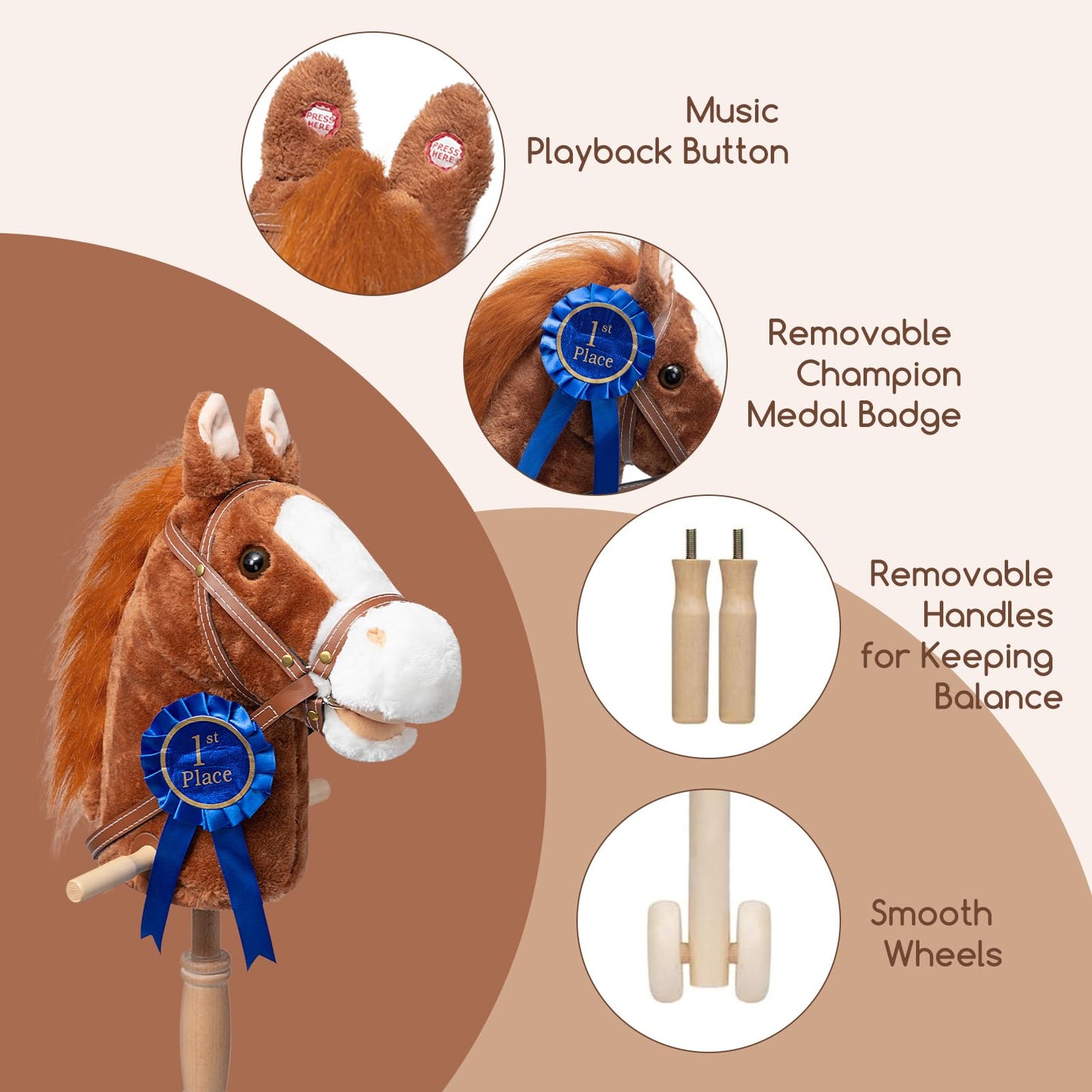 HollyHOME Stick Horse Plush with Detachable Blue Ribbon – 36-Inch Wooden-Wheeled Hobby Horse with Realistic Neighing Sounds