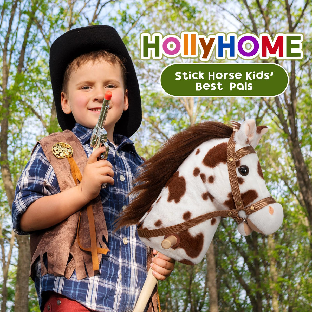 HollyHOME Stick Horse Plush — 36-Inch Hobby Horse with Wood Wheels and Neighing Sounds
