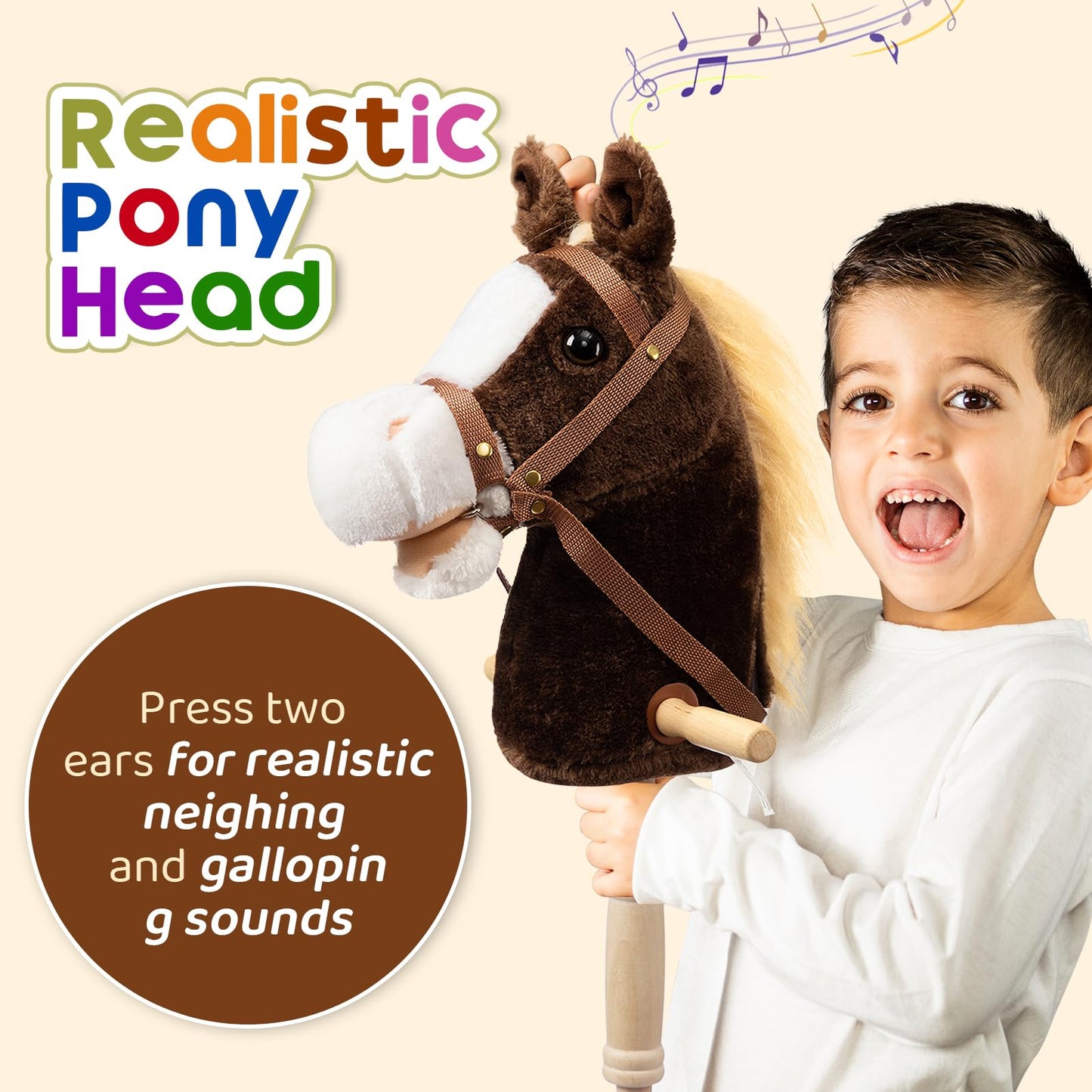 HollyHOME Stick Horse Plush — Chocolate 36-Inch Handcrafted Hobby Horse with Wood Wheels & Real Pony Sounds