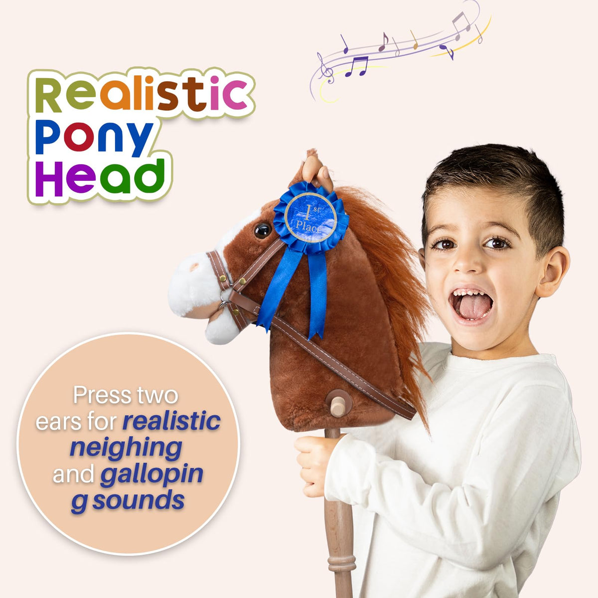 HollyHOME Stick Horse Plush with Detachable Blue Ribbon – 36-Inch Wooden-Wheeled Hobby Horse with Realistic Neighing Sounds