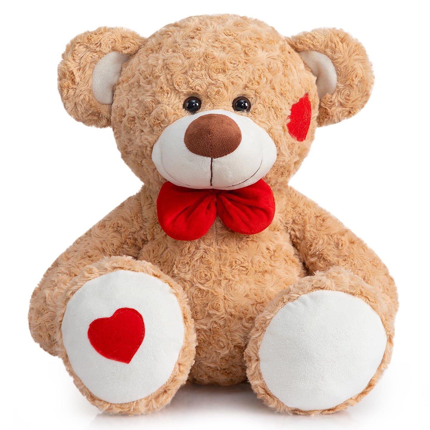 HollyHOME 24-Inch Tan Teddy Bear Plush with Red Bow & Heart Patches – Soft Cuddly Gift