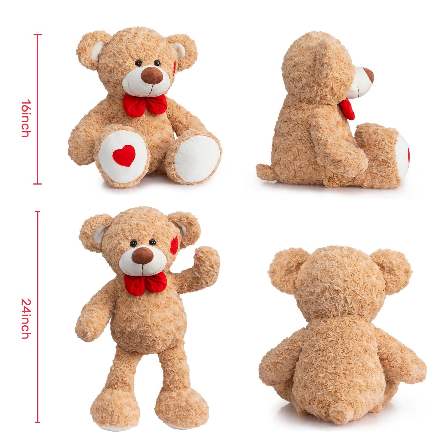 HollyHOME 24-Inch Tan Teddy Bear Plush with Red Bow & Heart Patches – Soft Cuddly Gift