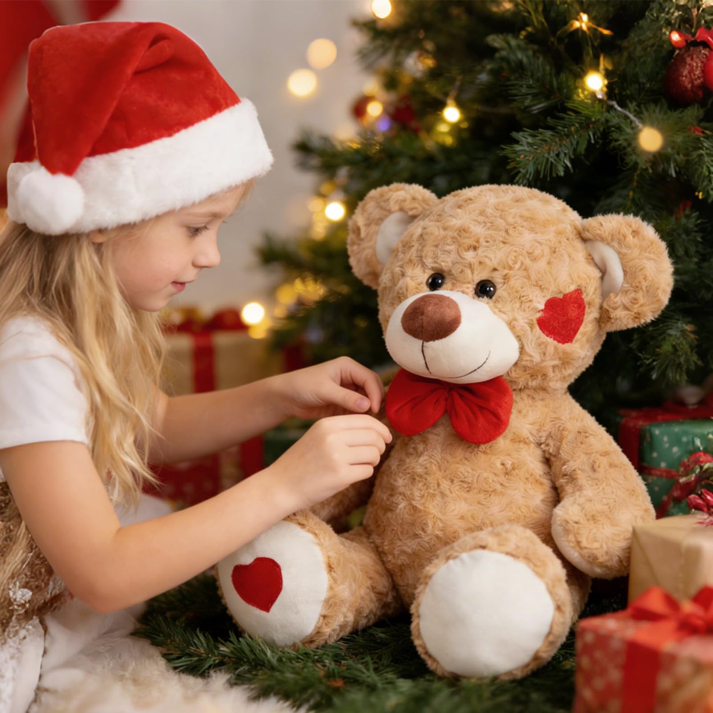 HollyHOME 24-Inch Tan Teddy Bear Plush with Red Bow & Heart Patches – Soft Cuddly Gift