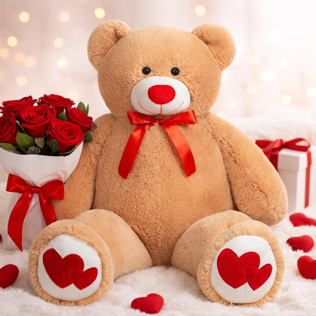 HollyHOME Giant 4ft Teddy Bear – 48 inch Tan Plush with Red Heart | Gifts for Girlfriend, Mom & Kids