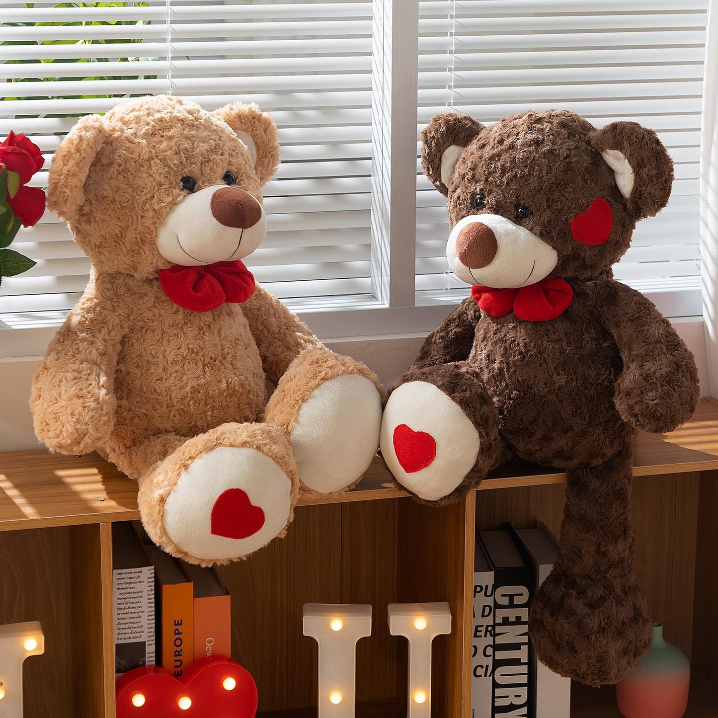 HollyHOME 24-Inch Tan Teddy Bear Plush with Red Bow & Heart Patches – Soft Cuddly Gift