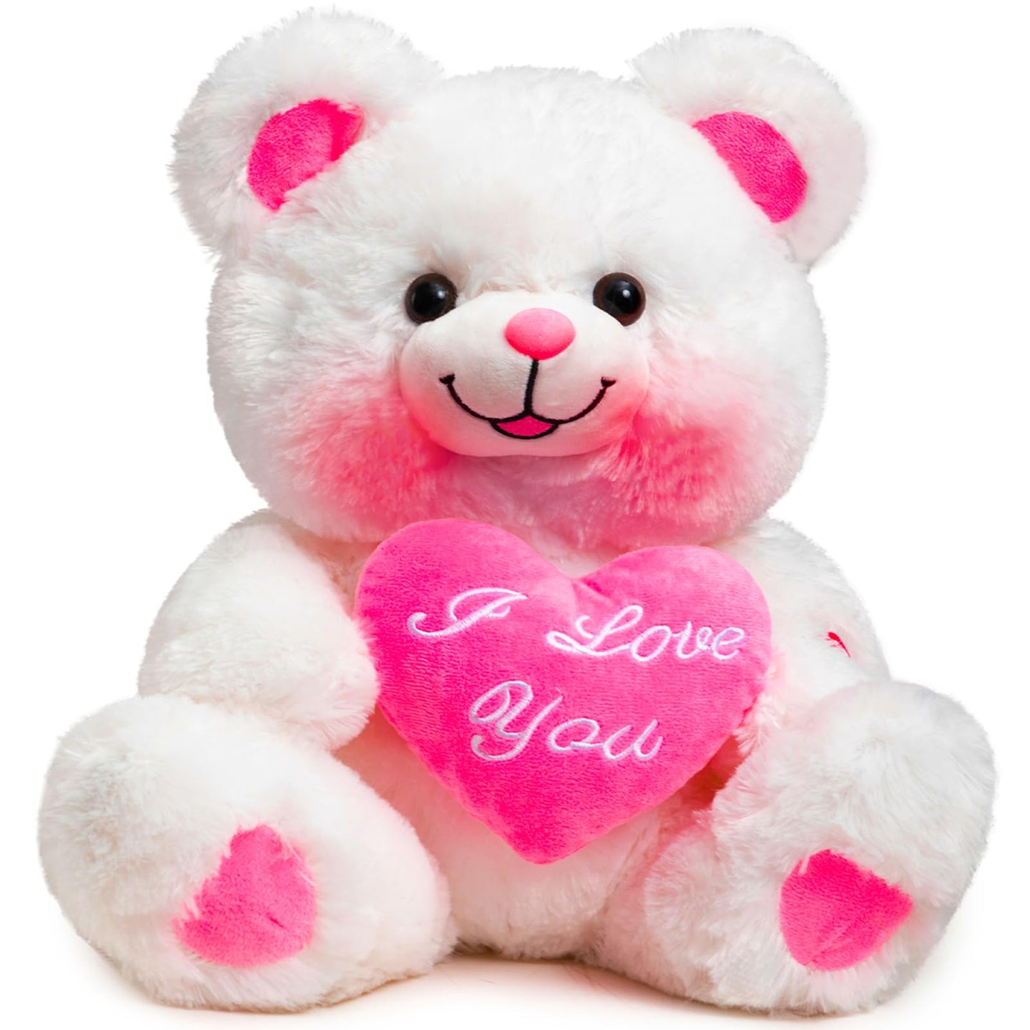 HollyHOME Teddy Bear with Heart Plush – LED I Love You Blush, 13 inch White