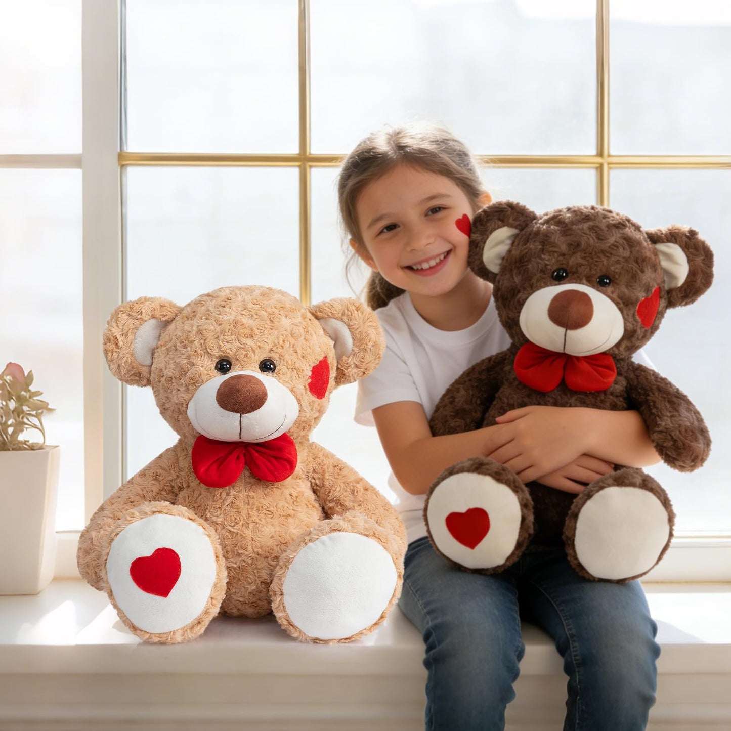 HollyHOME 24-Inch Tan Teddy Bear Plush with Red Bow & Heart Patches – Soft Cuddly Gift
