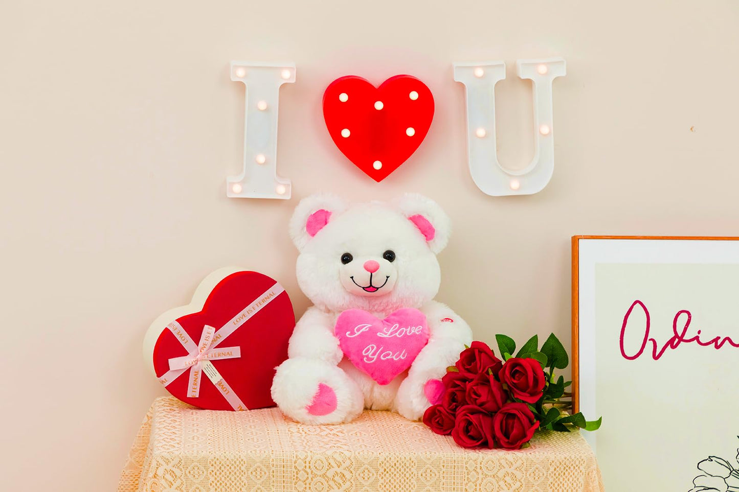 HollyHOME Teddy Bear with Heart Plush – LED I Love You Blush, 13 inch White