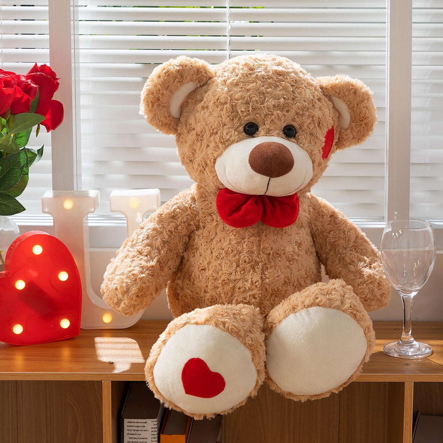 HollyHOME 24-Inch Tan Teddy Bear Plush with Red Bow & Heart Patches – Soft Cuddly Gift