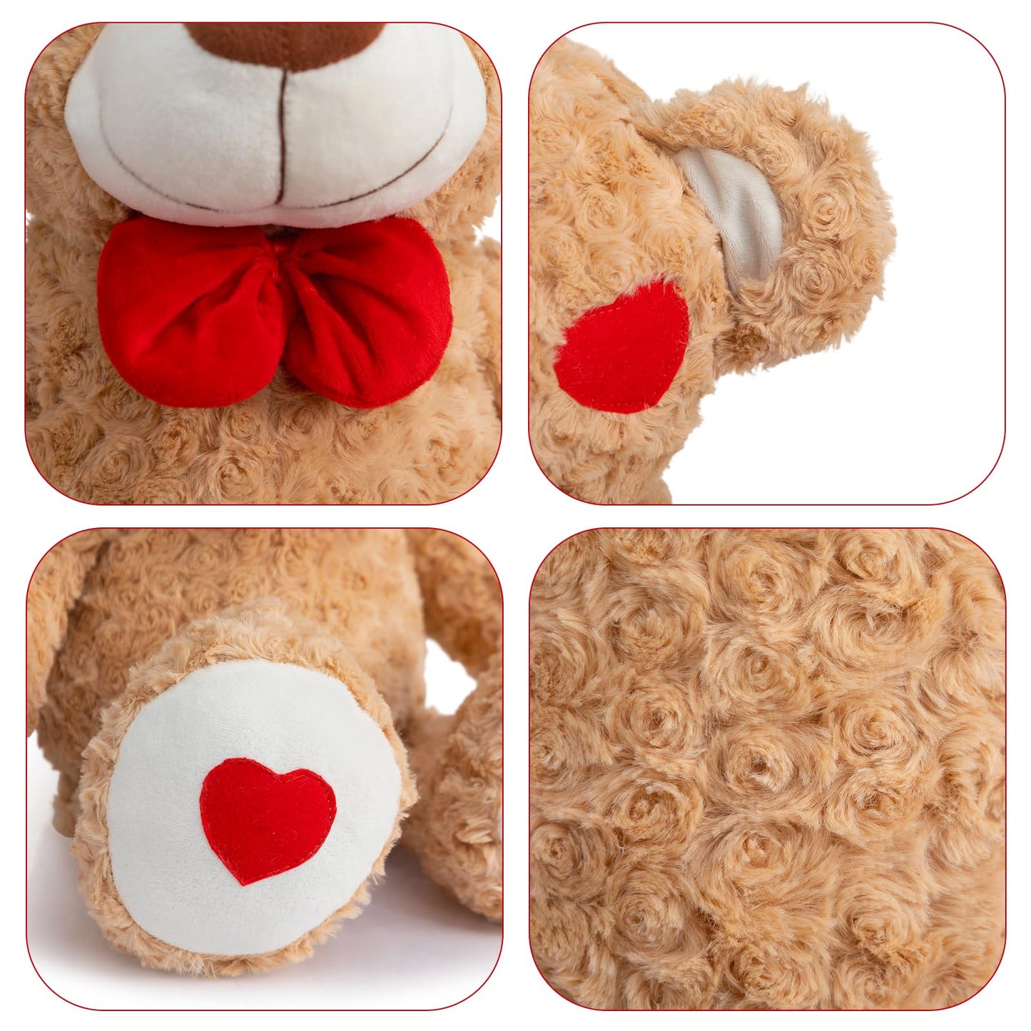 HollyHOME 24-Inch Tan Teddy Bear Plush with Red Bow & Heart Patches – Soft Cuddly Gift
