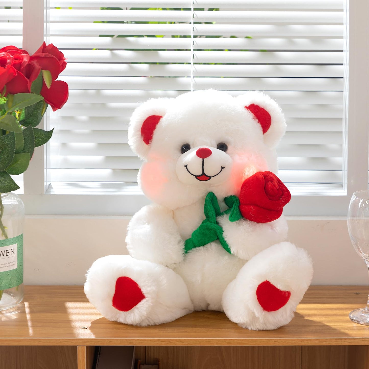 HollyHOME Teddy Bear with Rose – LED Blush 12-Inch Plush Gift for Valentines, Kids, and Special Occasions