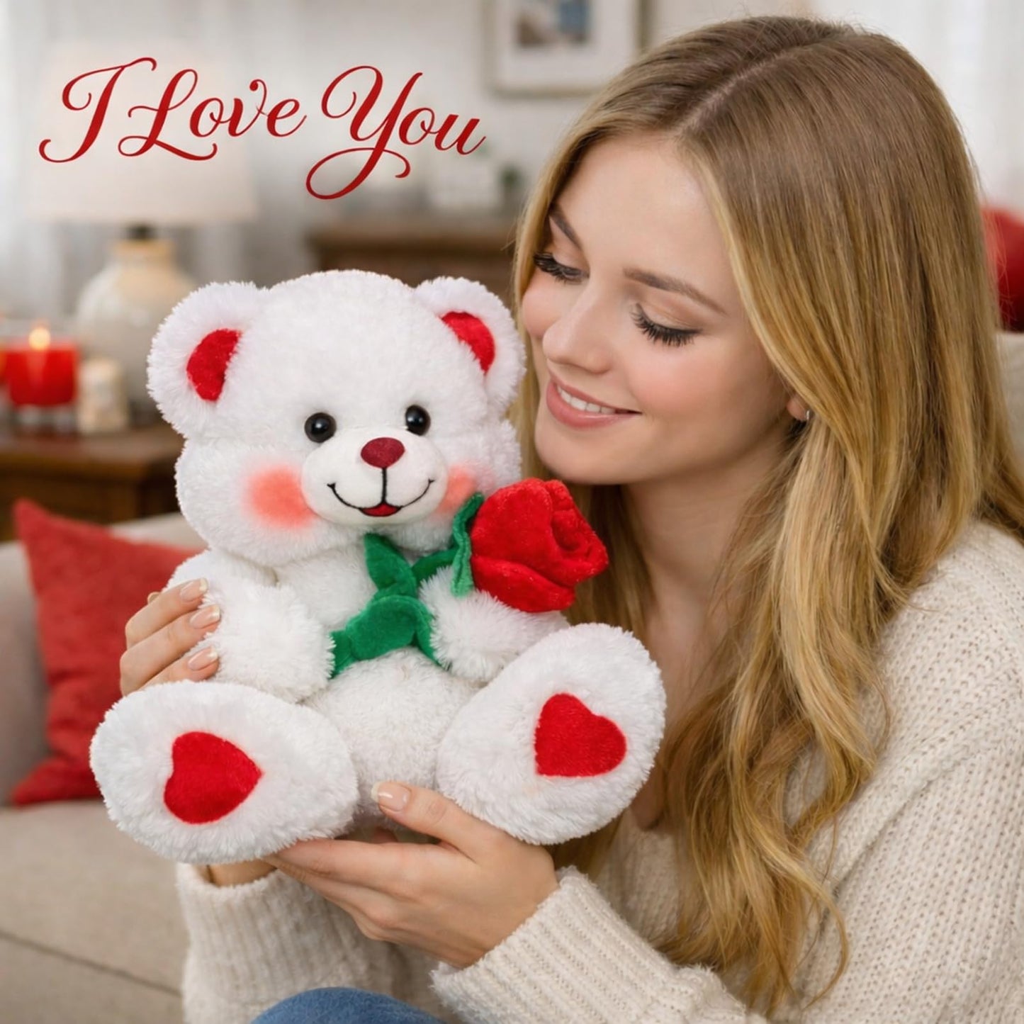HollyHOME Teddy Bear with Rose – LED Blush 12-Inch Plush Gift for Valentines, Kids, and Special Occasions