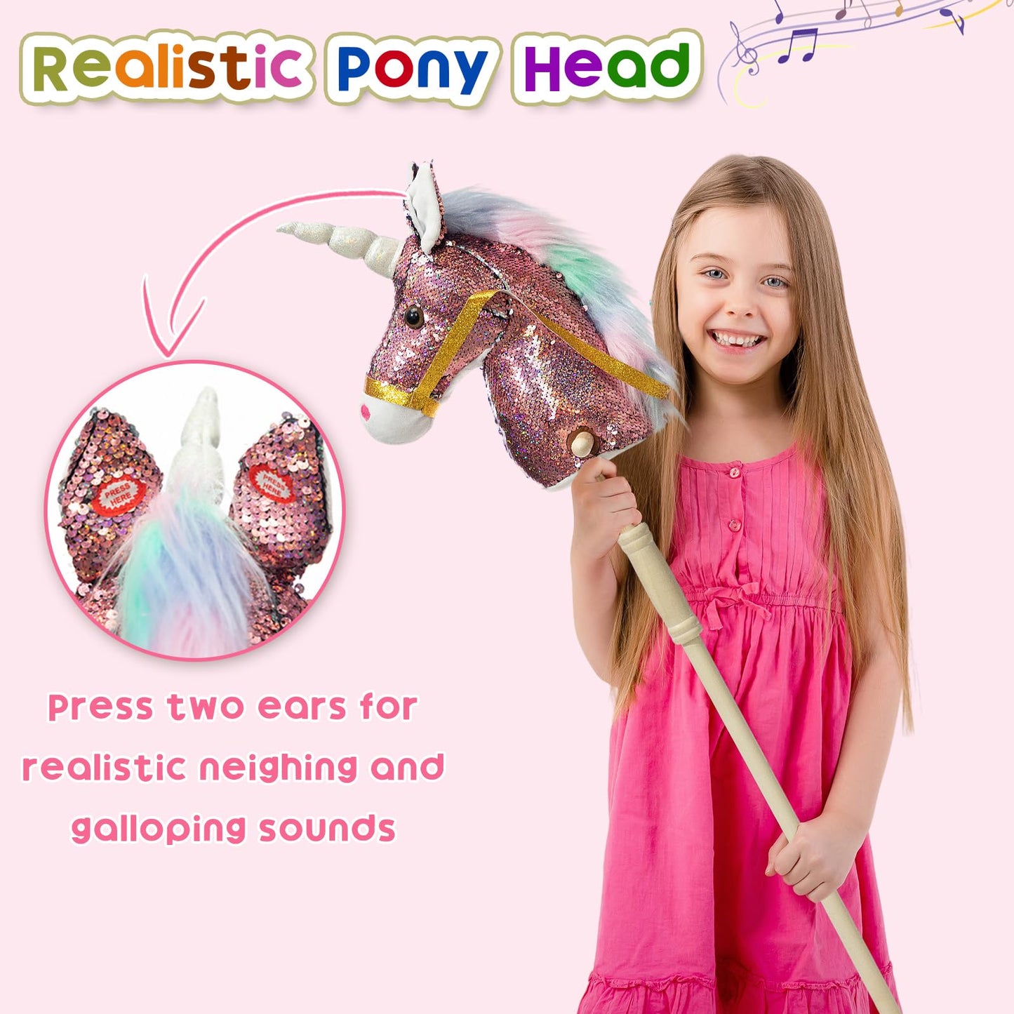 HollyHOME Sequin Unicorn Stick Horse — Handcrafted Hobby Horse with Wood Wheels and Real Pony Sounds | Pink 36 Inches