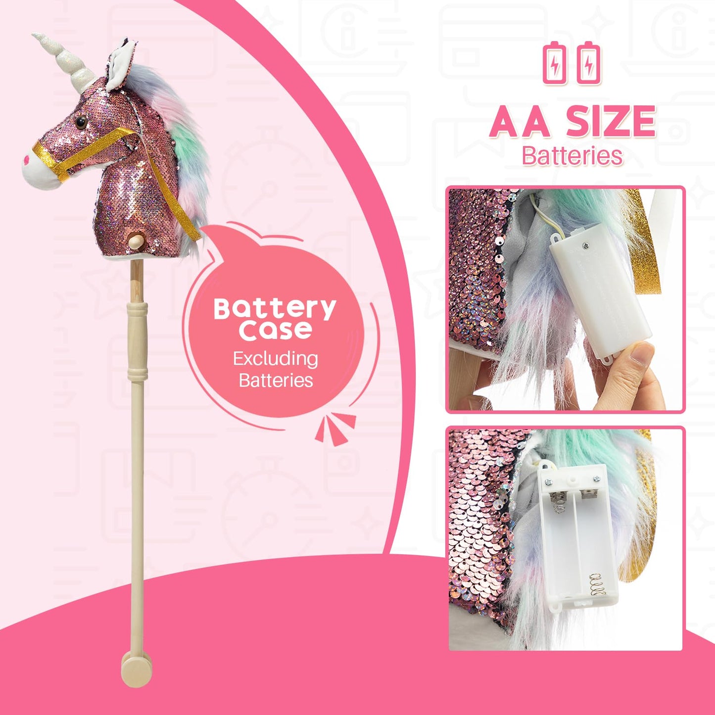 HollyHOME Sequin Unicorn Stick Horse — Handcrafted Hobby Horse with Wood Wheels and Real Pony Sounds | Pink 36 Inches