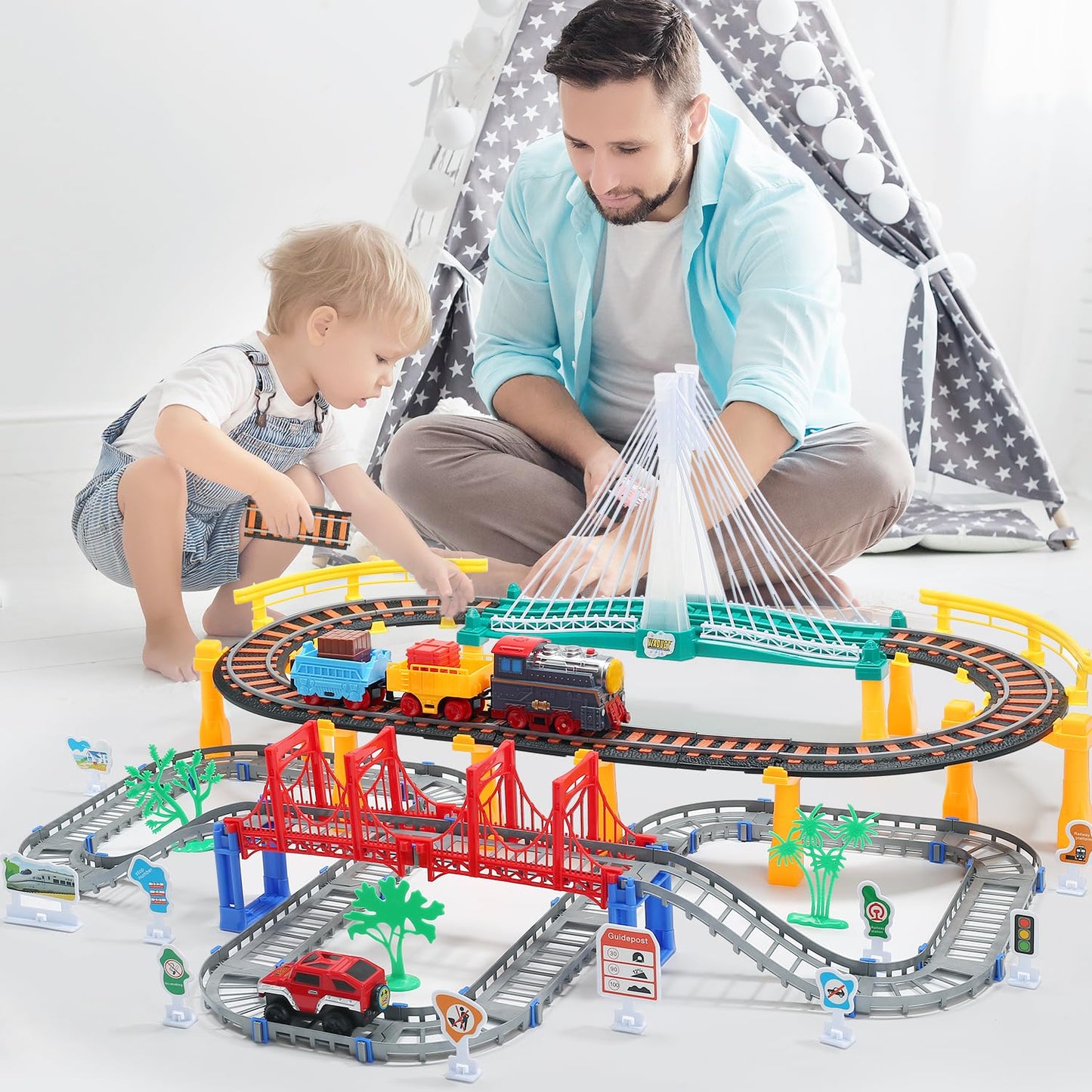 HOLYFUN Electric Toddler Train Set Toy - 113-Piece Battery Powered Railway Playset for Kids Aged 3-8