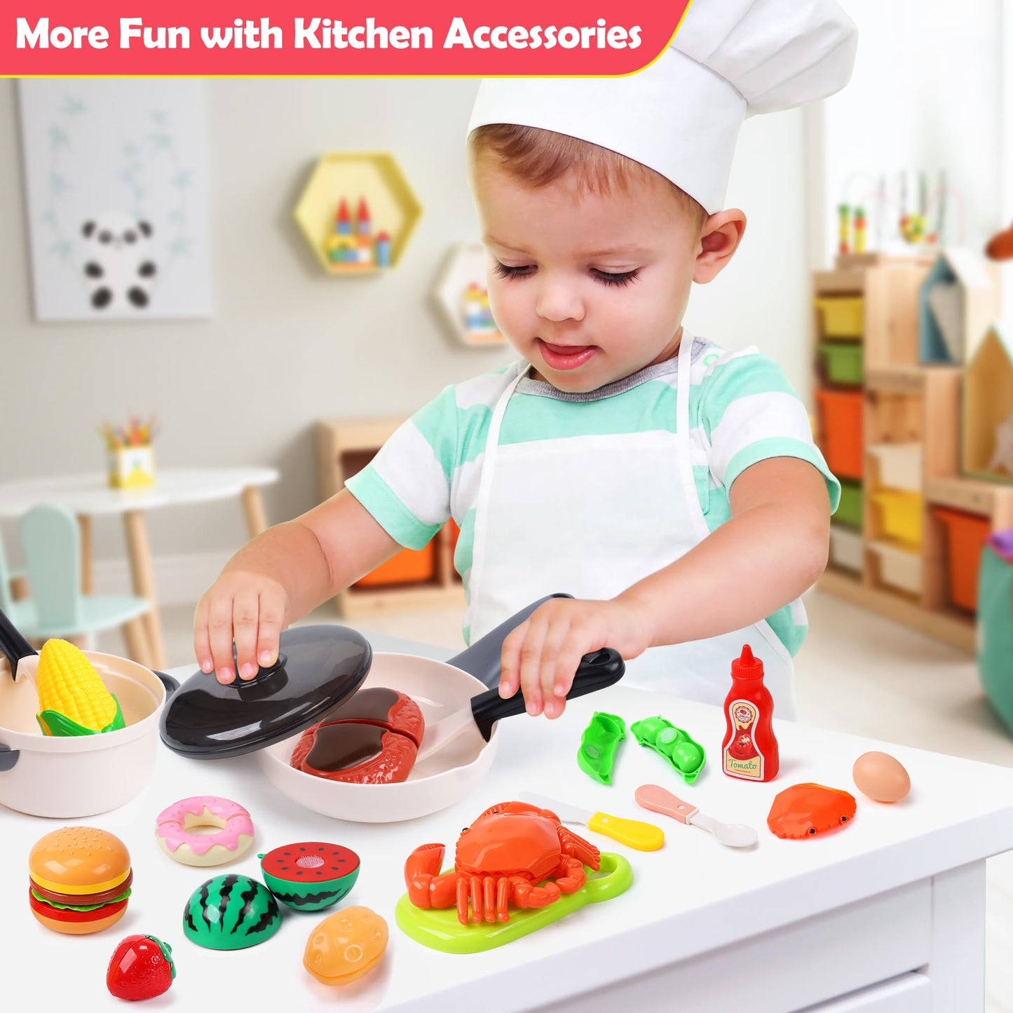 HOLYFUN Play Food Toy Set for Kids Kitchen - Cutting Fruit & Vegetables, Pretend Play, Storage Basket
